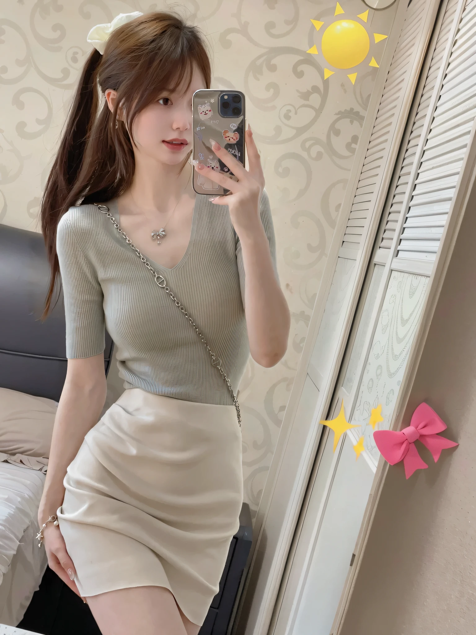 there is a woman taking a selfie in a mirror, 2263539546], 8k)), open v chest clothes, soft cute colors, 1285445247], reluvy5213, wearing tight simple clothes, sha xi, sakimichan, 4k], 4 k ]