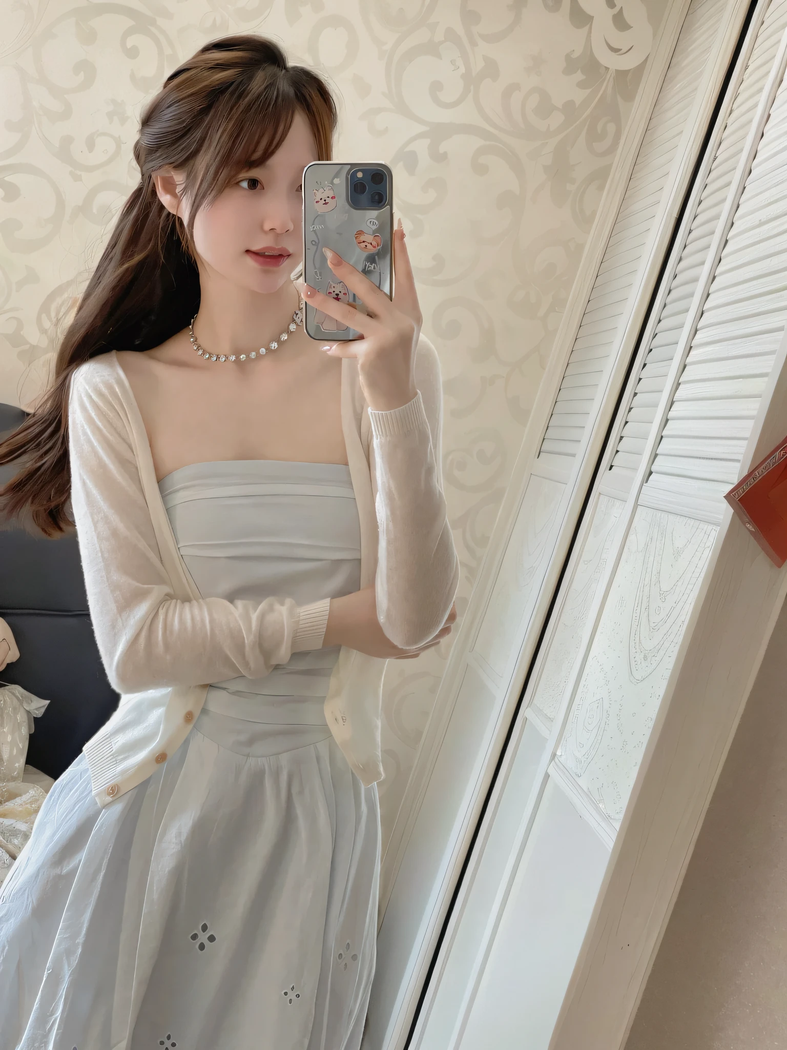 there is a woman taking a selfie in a mirror, smooth white tight clothes suit, 8k)), light half opened dress, high quality material bssrdf, white sleeves, tube-top dress, 2263539546], transparent gray skirts, white and pale blue toned, sha xi, pearlescent white, translucent dress