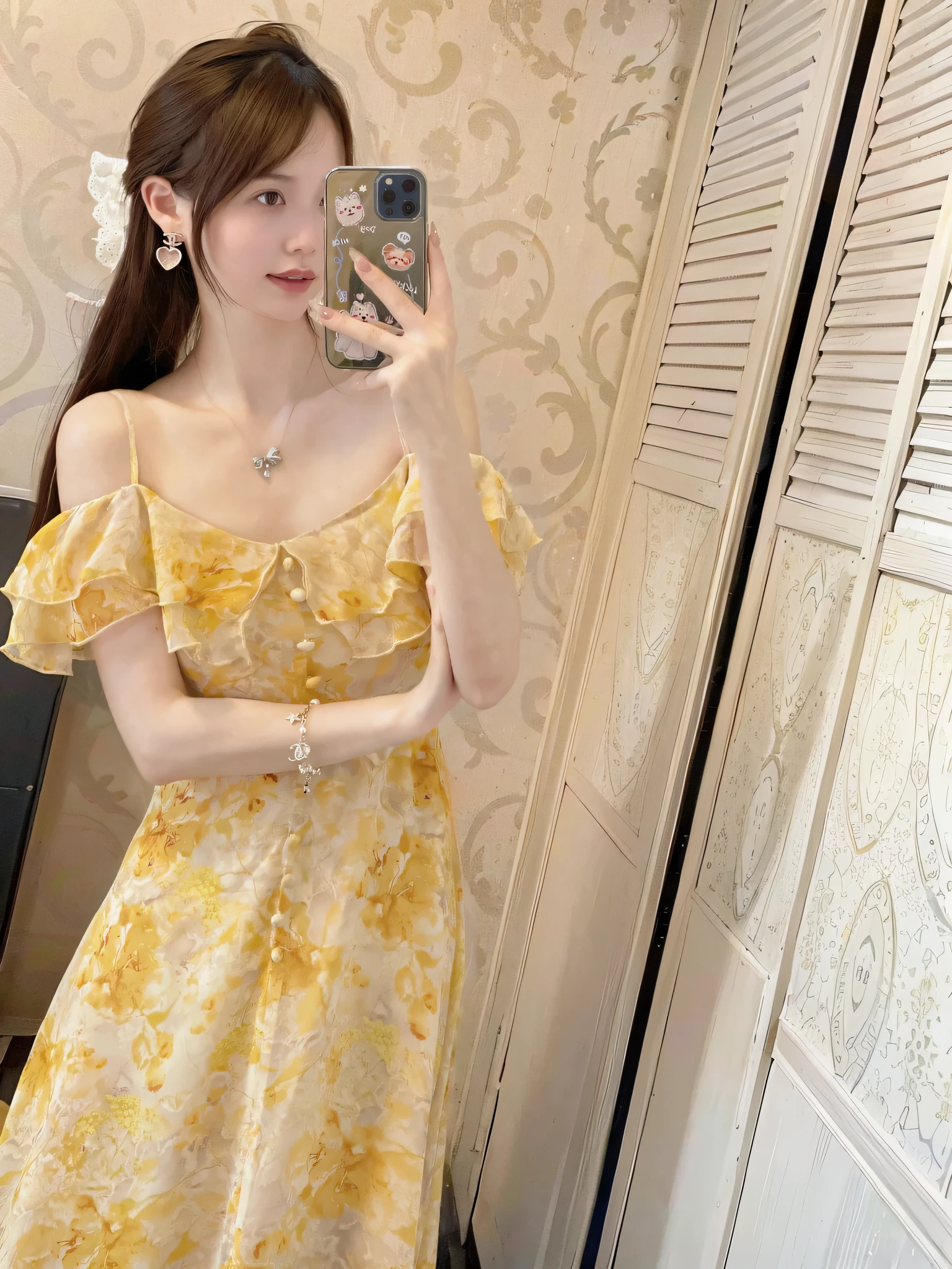 there is a woman taking a picture of herself in a mirror, yellow ornate dress, wearing wheat yellow gauze, 中 元 节, 🤬 🤮 💕 🎀, lady using yellow dress, light half opened dress, with yellow flowers around it, summer dress, flowing dress, flower dress, cheery, wearing a yellow dress, tumblr, chiffon