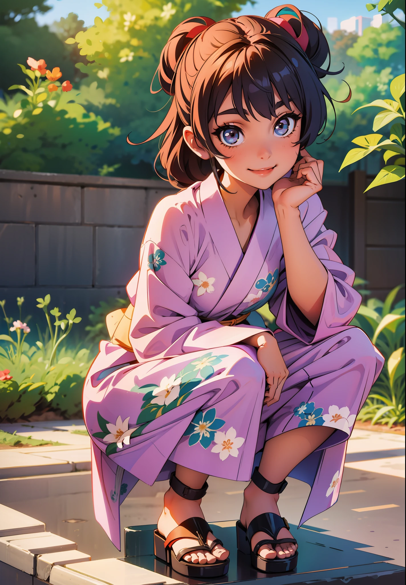 Beautiful girl in yukata is crouching and smiling at the camera