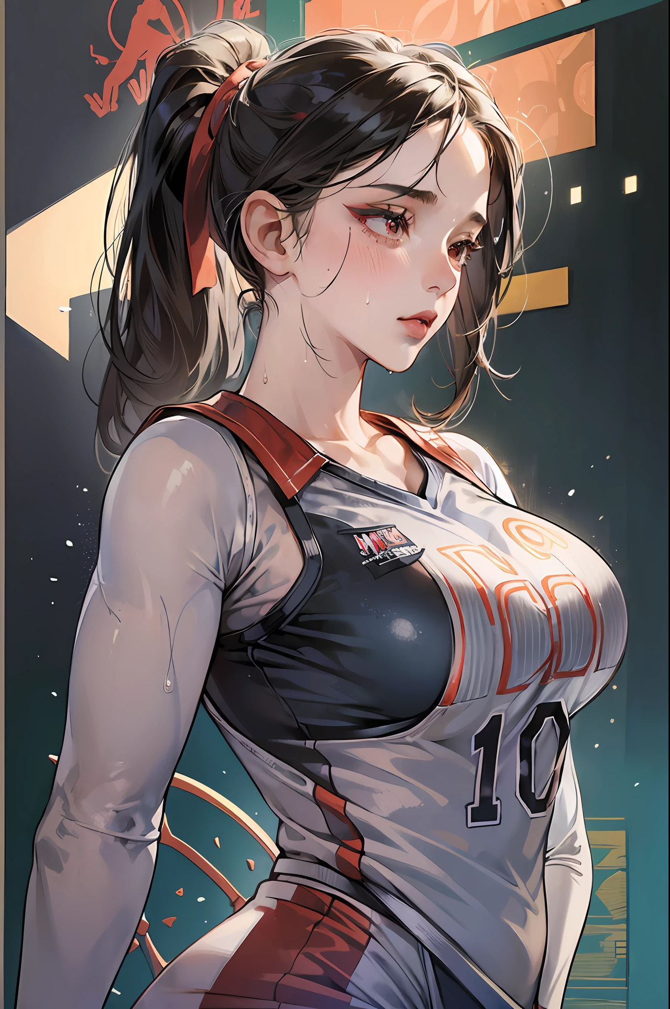Masterpiece: 1.2, best quality), realistic, (real picture, rich details details, depth of field), (1girl, solo), makeup, cleft lip, high detail, perfect face shape, (big breasts: 1.4), (skindentation), thick thighs, wide buttocks, Thin waist, tall, coral, red lips, red eyes, ponytail, (((((basketball girl, transparent basketball suit)))), (sweat: 1.2), (wet), sexy, blushing, sweaty --auto --s2