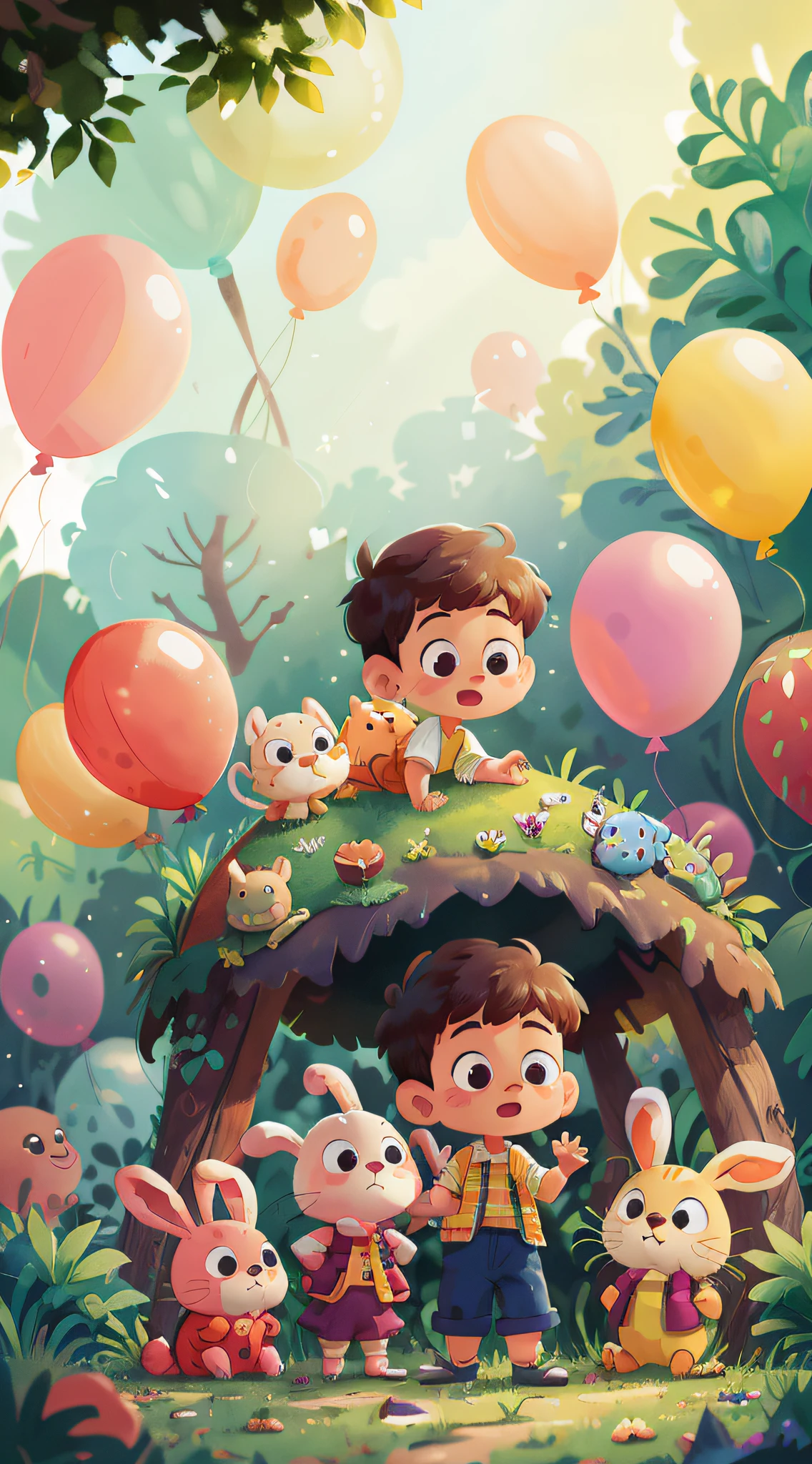 A boy, zoo, many balloons, happy, happy, perfect quality, rabbit, clear focus (clutter-home: 0.8), (masterpiece: 1.2) (realistic: 1.2) (bokeh) (best quality) (detailed skin: 1.3) (intricate details) (8K) (detail eyes) (sharp focus), (happy)