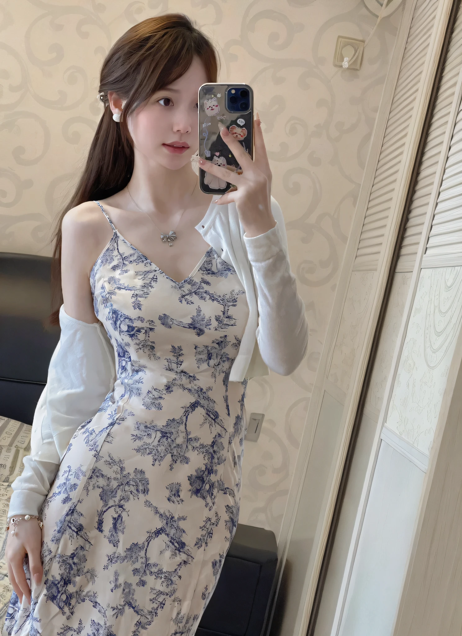 there is a woman taking a picture of herself in a mirror, 中 元 节, wearing dress, blue-white dress, light half opened dress, 2263539546], very low quality, 🤬 🤮 💕 🎀, opened dress, cheongsam, very very low quality, wearing a blue qipao dress