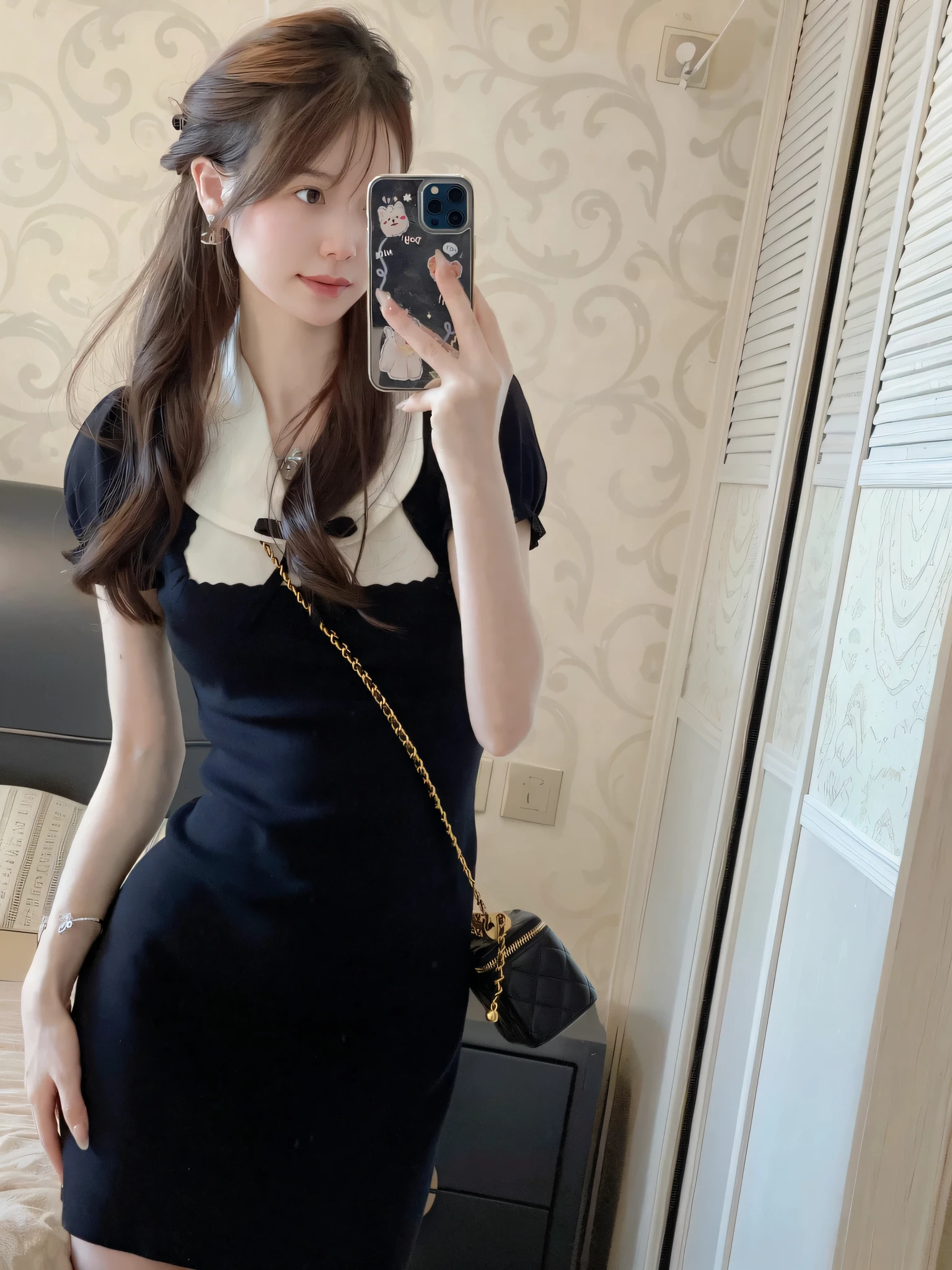 there is a woman taking a picture of herself in a mirror, she is wearing a black dress, wearing black old dress and hat, wearing black dress and hat, anime girl wearing a black dress, light half opened dress, 2263539546], ( ivory black ), dress, cute black dress, black dress, 8k))
