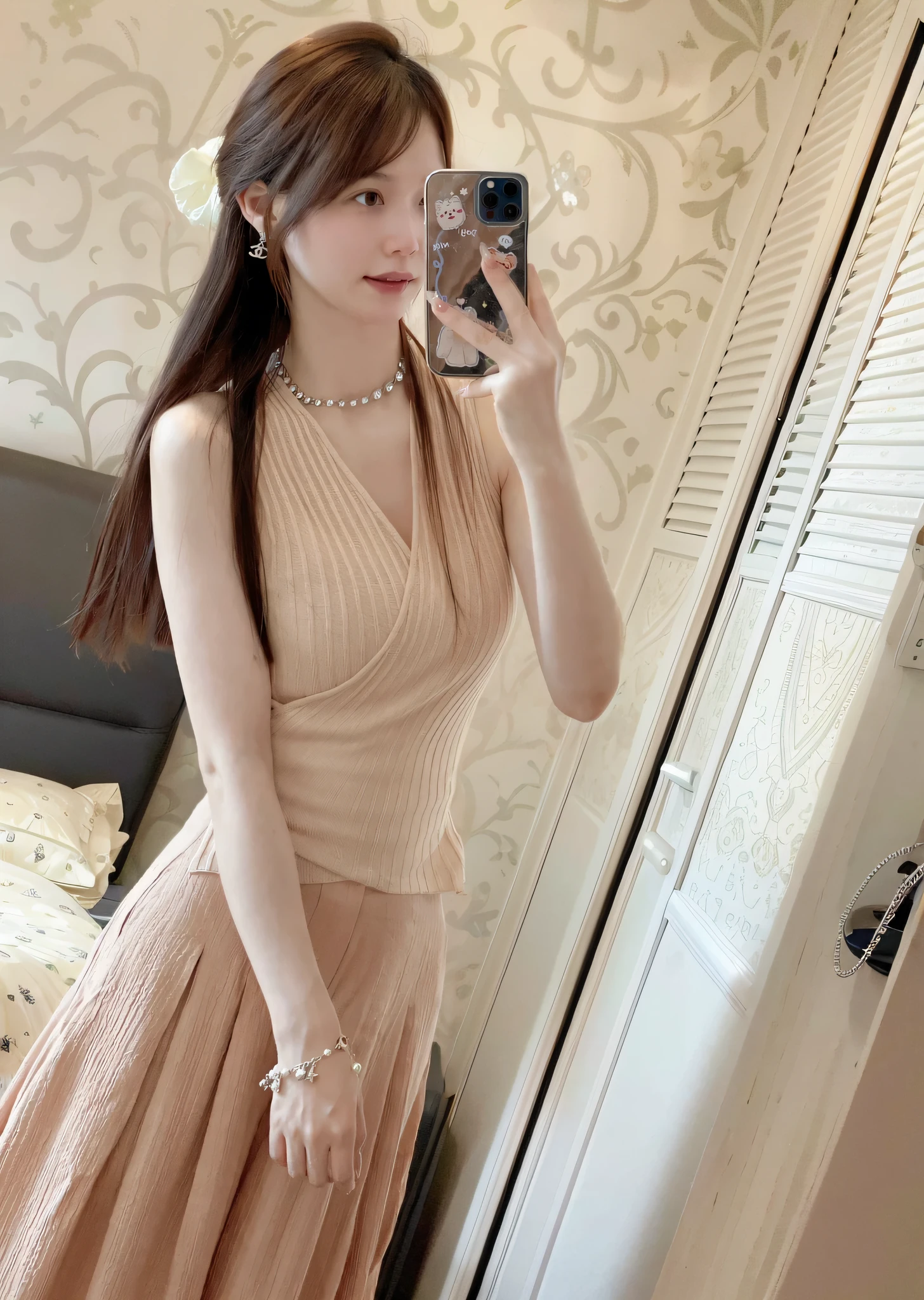 araffe woman taking a selfie in a dress in a bedroom, sha xi, open v chest clothes, reluvy5213, 8k)), ivory, amber, 2 4 mp, 24mp, eora, jia, very very low quality, with soft pink colors, taken in 2 0 2 0, #oc, # oc