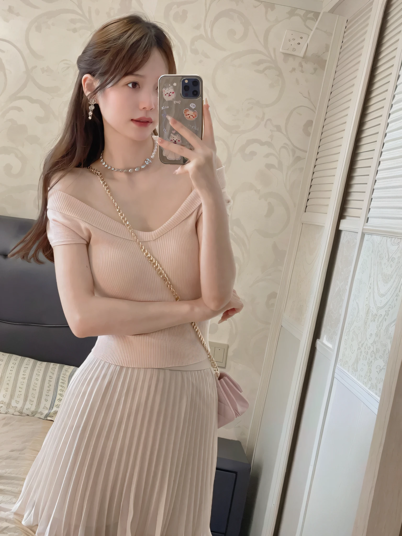 araffe woman taking a selfie in a bedroom with a bed, open v chest clothes, pastel, 8k)), with soft pink colors, beautiful image, ivory, 8k!!, bautiful, 24mp, 2 4 mp, taken in 2 0 2 0, 360*, reluvy5213, sakimichan