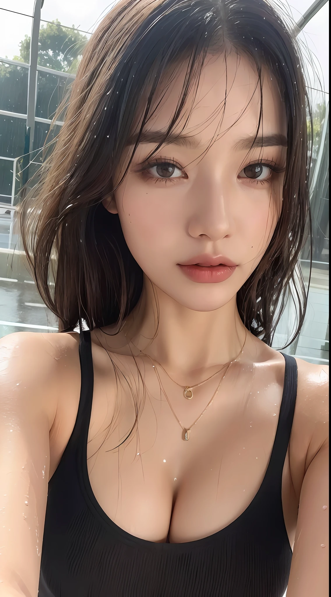 (Best quality, 4k, Masterpiece :1.3), pretty woman, 1girl, sexy :1.1, dark brown hair: 1.1, (rainy wet, wet from rain, wet body :1.2), white tank tops, ultra-detailed face, detailed lips, detailed eyes, double eyelid