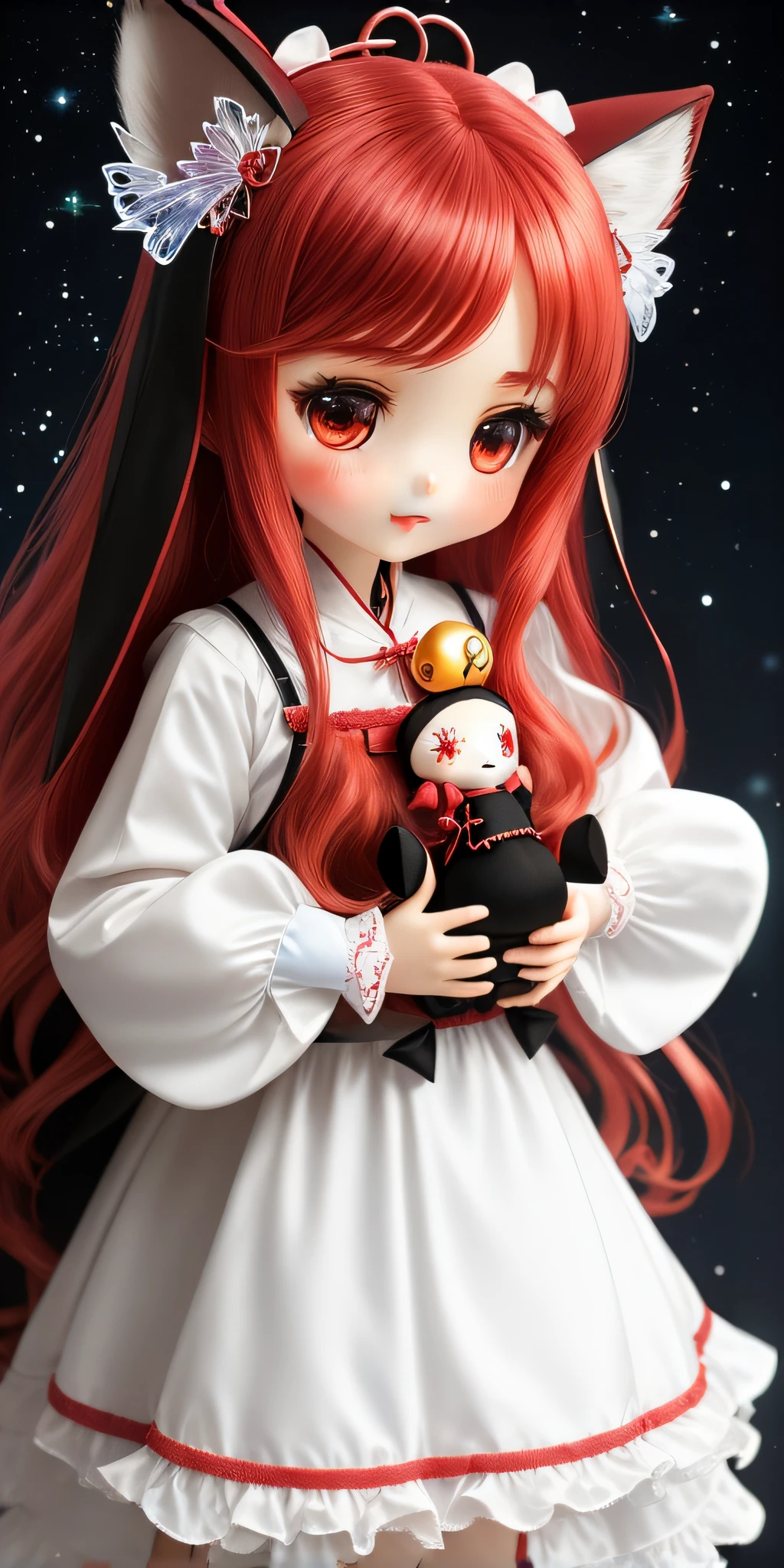 anime doll with red hair and white dress holding a teddy bear, dollfie dream, gothic maiden anime girl, cute pocelain doll, ( highly detailed figure ), doll in hand, nendroid, ball jointed doll, highly_detailed!!, style as nendoroid, wallpaper!, nendoroid, skydoll noa, good smile company anime style