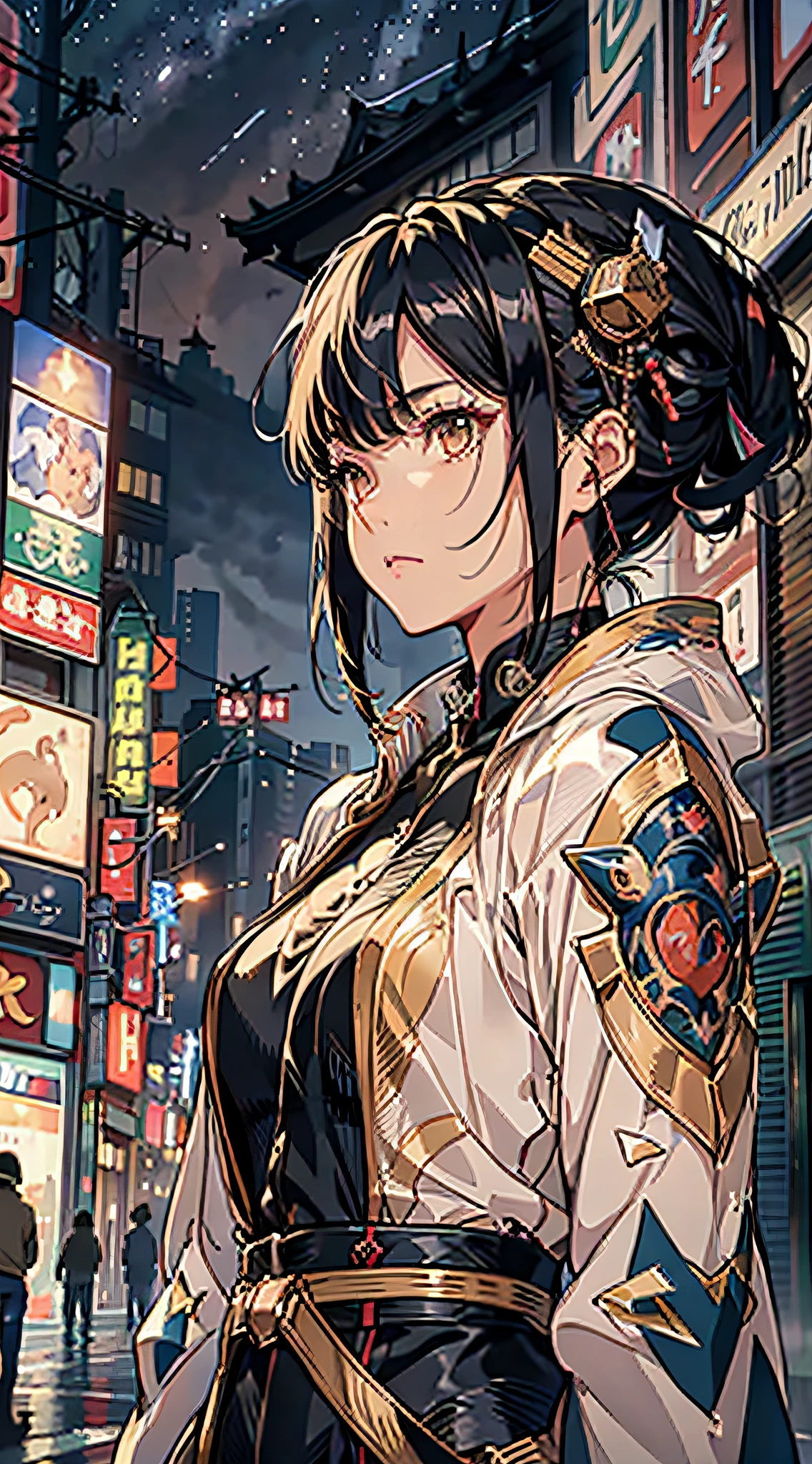 absurd res, high res, (masterpiece:1.4), ultra-detailed, 1woman, 25 years old, standing, retro techwear, black hair, golden eyes, makoto shinkai style, looking up into the sky, night, tokyo, neon lights, anatomically correct, not looking at viewer