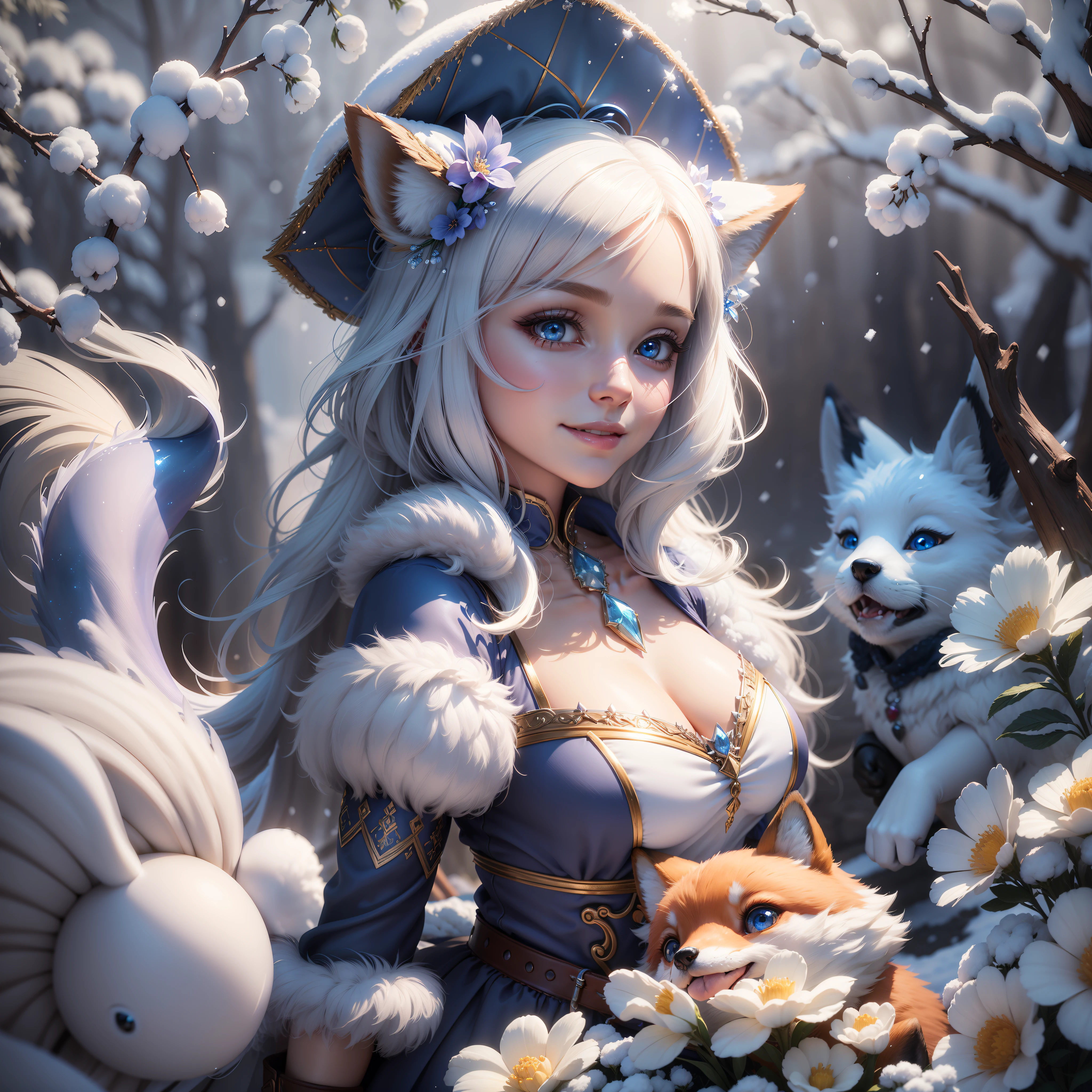 a cute little fox + cute snow white, big bright eyes, sweet smile, sweet smile, sweet smile, dressed as a fashion model, wearing a blue crystal texture fashion suit, hat and purse, fluffy snow white, big bright eyes, standing, fluffy tail, winter rising, flowers and gently fluttering snow, extremely detailed 3D animation rendering symmetrical center position, super realistic, super detailed, luxurious, 3, movie lights, super clear details, super transparent materials, closeup, complex texture, octane rendering, zbrush, 8k, ureal super realistic --auto --s2