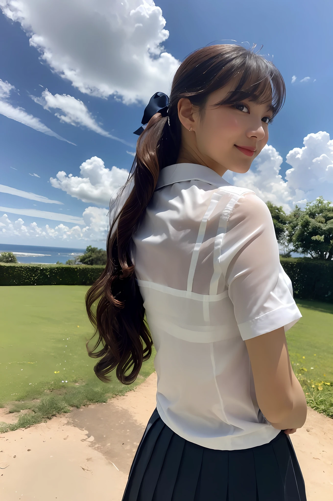 4K, LDR, best quality, masterpiece, high detail, ultra high resolution, digital photography, bangs, film lighting, (Fujifilm color:1.2) portrait, wide angle view, professional, fair skin, (photography: 1.2), (dynamic pose: 1.1), (shot from behind: 1.2, back), 1 girl, solo, slightly smiling, delicate face, medium breasts, wide hips, her hair is classic wavy long hair, (BSB:1.4), (Behsuke: 1.4), (Black bra visible through clothes: 1.3, bra contour clearly visible), white shirt, bow, navy pleated skirt, lingerie silhouette, school uniform, sheer, bra silhouette, school bag, short sleeves, bangs, outdoor, sky, collared shirt, collarbone, blurred background, looking to the side, sky, dress shirt, blue sky, clouds