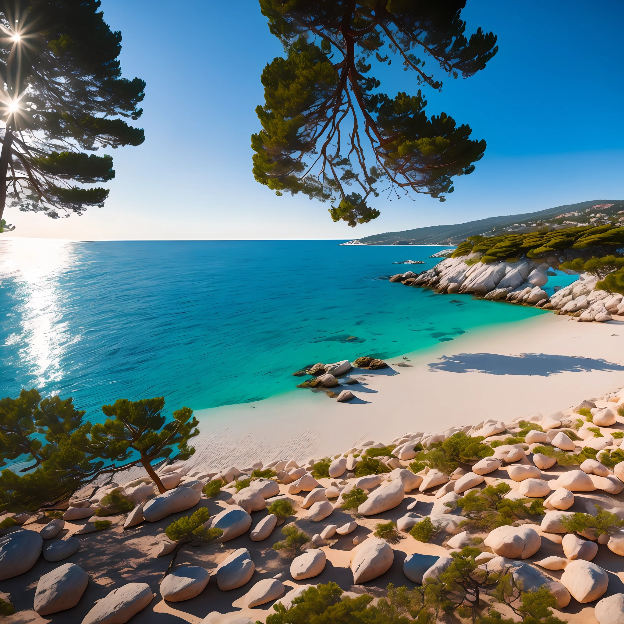 Croatia, pebble beach, trees, wide angle, sun, photorealistic, parking --auto --s2
