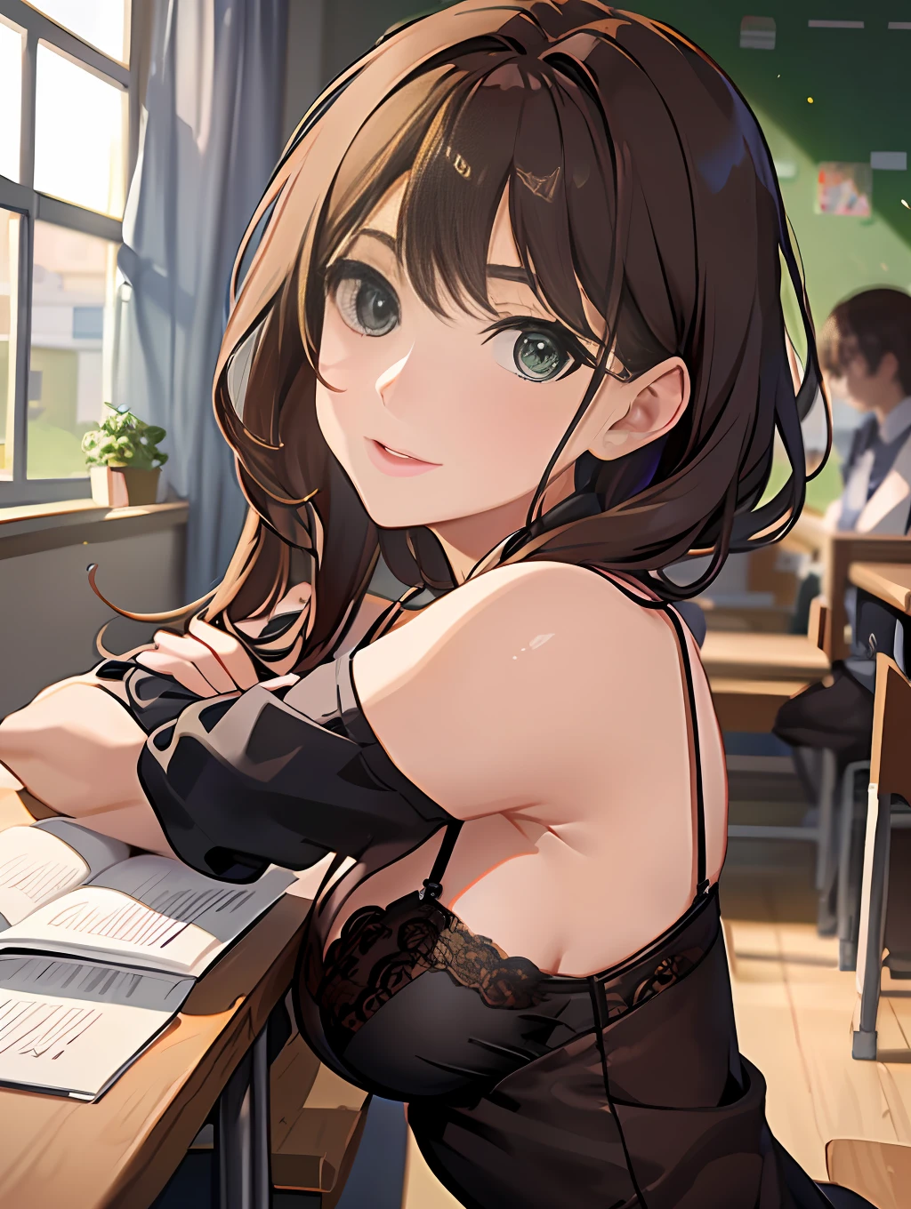 A woman, teacher, lingerie, inside a classroom, brown hair, green eyes, light lighting