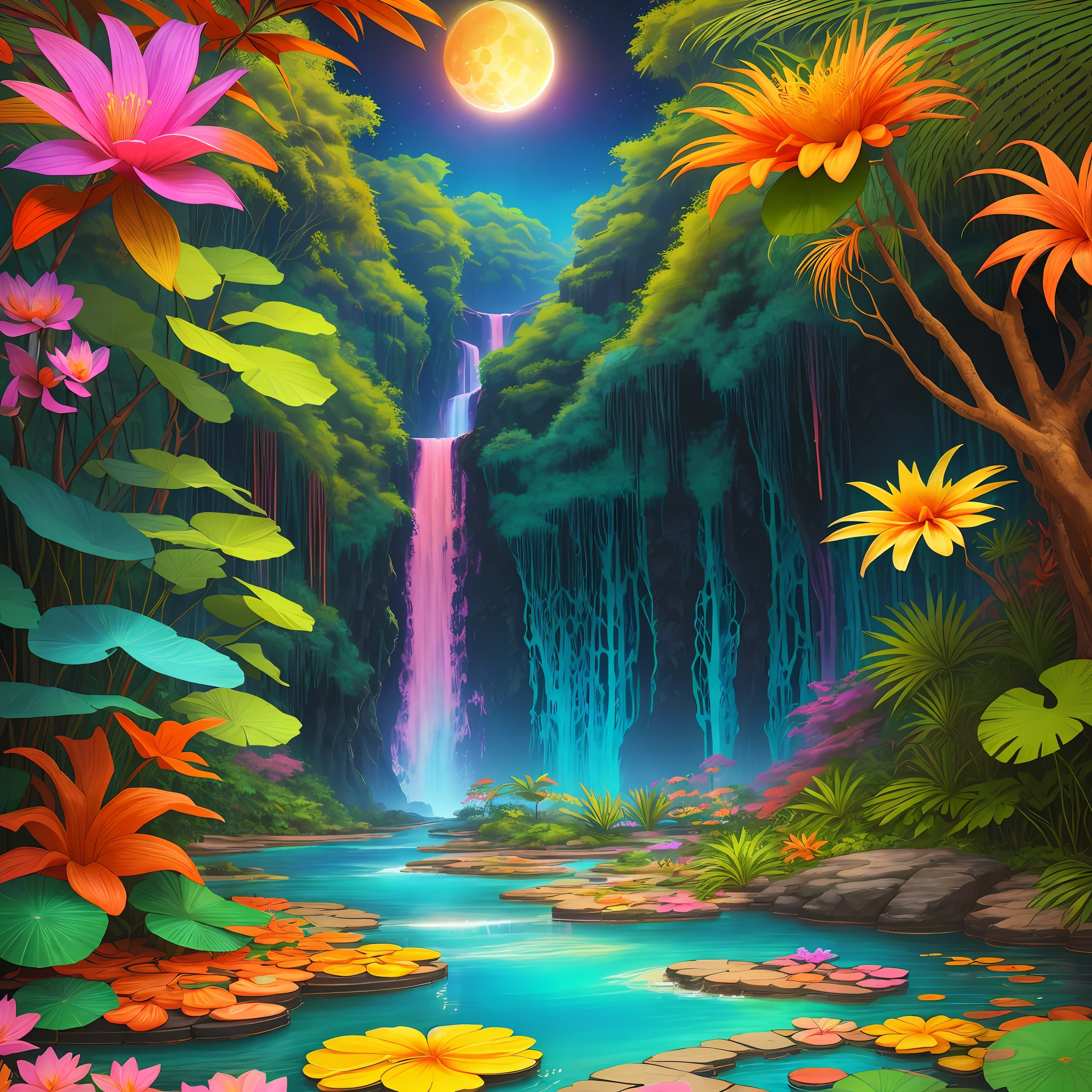 colorful tropical paradise jungle with colorful orange and pink shrubs a light blue river with the bank like brown earth and aged gold with golden water lilies and vibrant multicolored flowers and full moon and fireflies art color graffiti vivid and vibrant colors