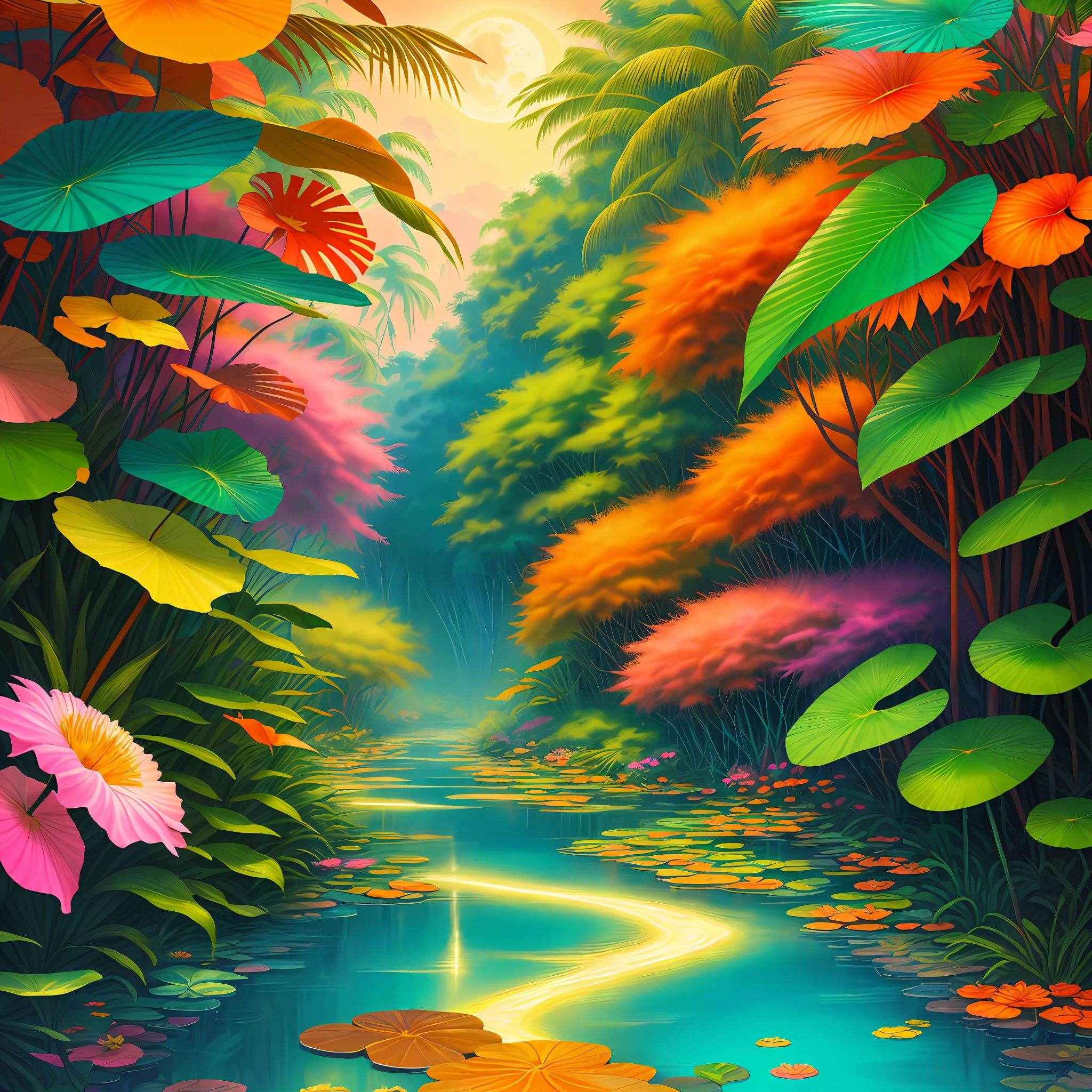 colorful tropical paradise jungle with colorful orange and pink shrubs a light blue river with the bank like brown earth and aged gold with golden water lilies and vibrant multicolored flowers and full moon and fireflies art color graffiti vivid and vibrant colors