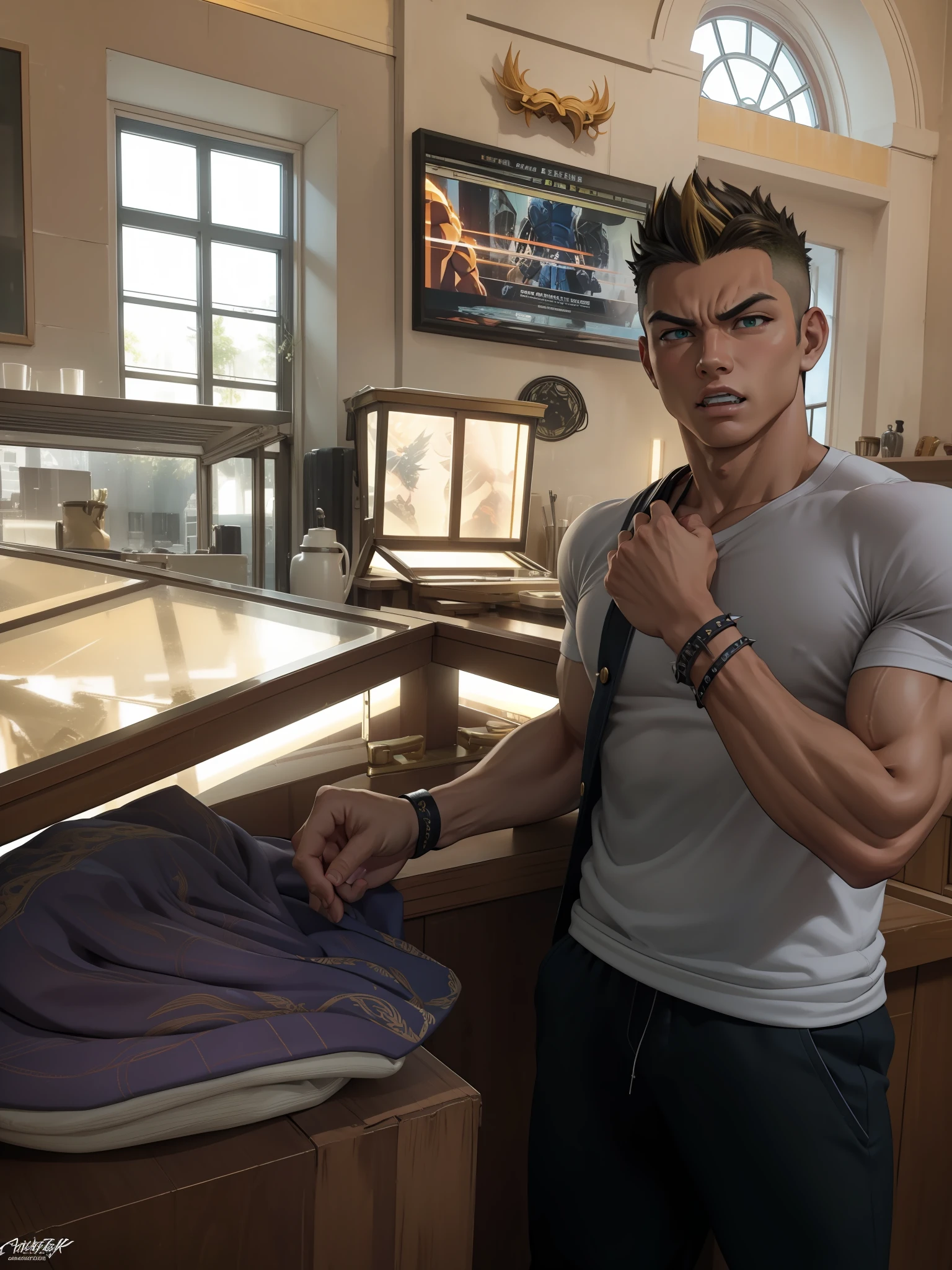 (masterpiece, best quality), intricate details, 8k, artstation, wallpaper, official art, splash art, storm in background, sharp focus, 1boy, (photorealistic:1.2) (bokeh) (best quality) (detailed skin:1.3) (intricate details) (8k) (detailed eyes) (sharp focus) son goku, angry, battle damage, blonde hair, blue sash, clenched teeth, furious, green eyes, male focus, muscular, muscular male, pectorals, sash, solo, spiked hair, super saiyan, super saiyan 1, teeth, topless male, torn clothes, wristband,