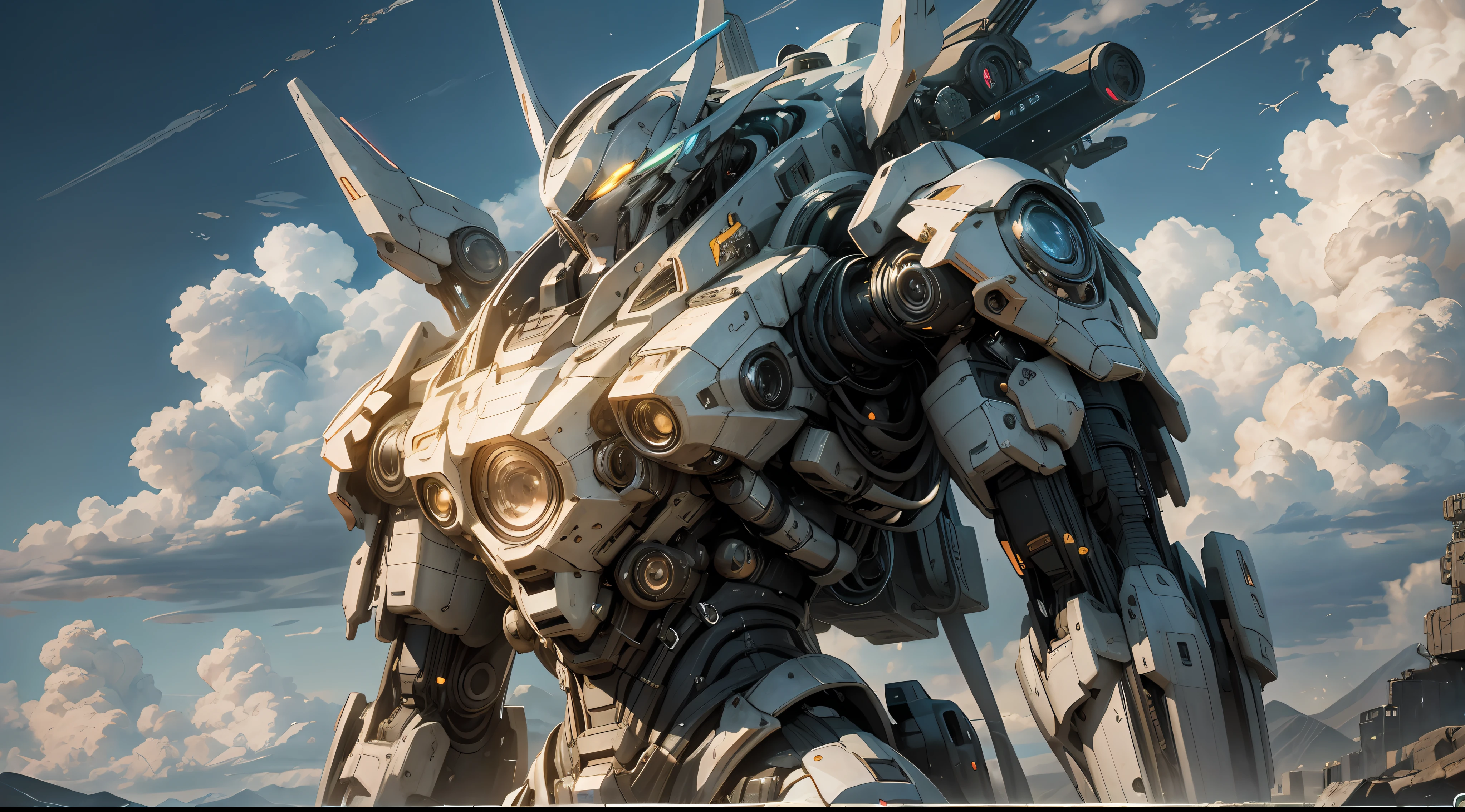 ((Best quality)), ((masterpiece)), (highly detailed:1.3), glowing_eyes, mecha, panorama, reality, HDR (high dynamic range), ray tracing, NVIDIA RTX, super resolution, Unreal 5, 3D, pretty (cyberpunk:1.2), ((best quality)), ((masterpiece)), (detailed), giant mech, terrifying beauty, Perched on clouds, (fantasy illustration: 1.3), captivating gaze, otherworldly charm, mysterious sky, (Luis Royo: 1.2), (Yoshitaka Amano: 1.1), moonlit night, pastel colors, (detailed cloud scene: 1.3), (high resolution: 1.2) reality, HDR (high dynamic range), ray tracing, NVIDIA RTX, super resolution, Unreal 5, subsurface scattering, PBR texture, post-processing, anisotropic filtering, depth of field, Maximum clarity and clarity, multi-layer textures, Albedo and Specular maps, Surface shading, Accurate simulation of light-material interactions, Perfect Proportions, Octane Render, Duotone lighting, Large aperture, Low ISO, White Balance, Rule of Thirds, 8K RAW, High Efficiency Sub-Pixel, Subpixel Convolution