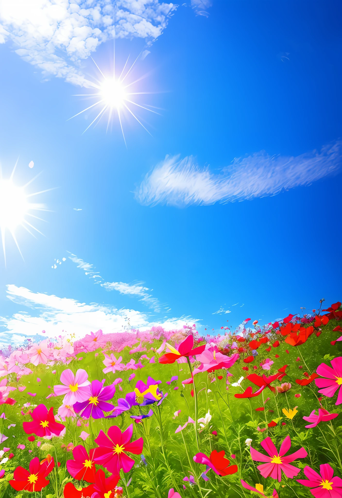 Flower garden against blue sky, flower garden, bright sunny summer day, flower meadow, flower field, bright summer day, bright happy atmosphere, wildflower garden, flower garden, beautiful sunny day, meadow with flowers, cosmos on background, flower garden, cosmos, pink flower garden, fantasy flower garden, no person