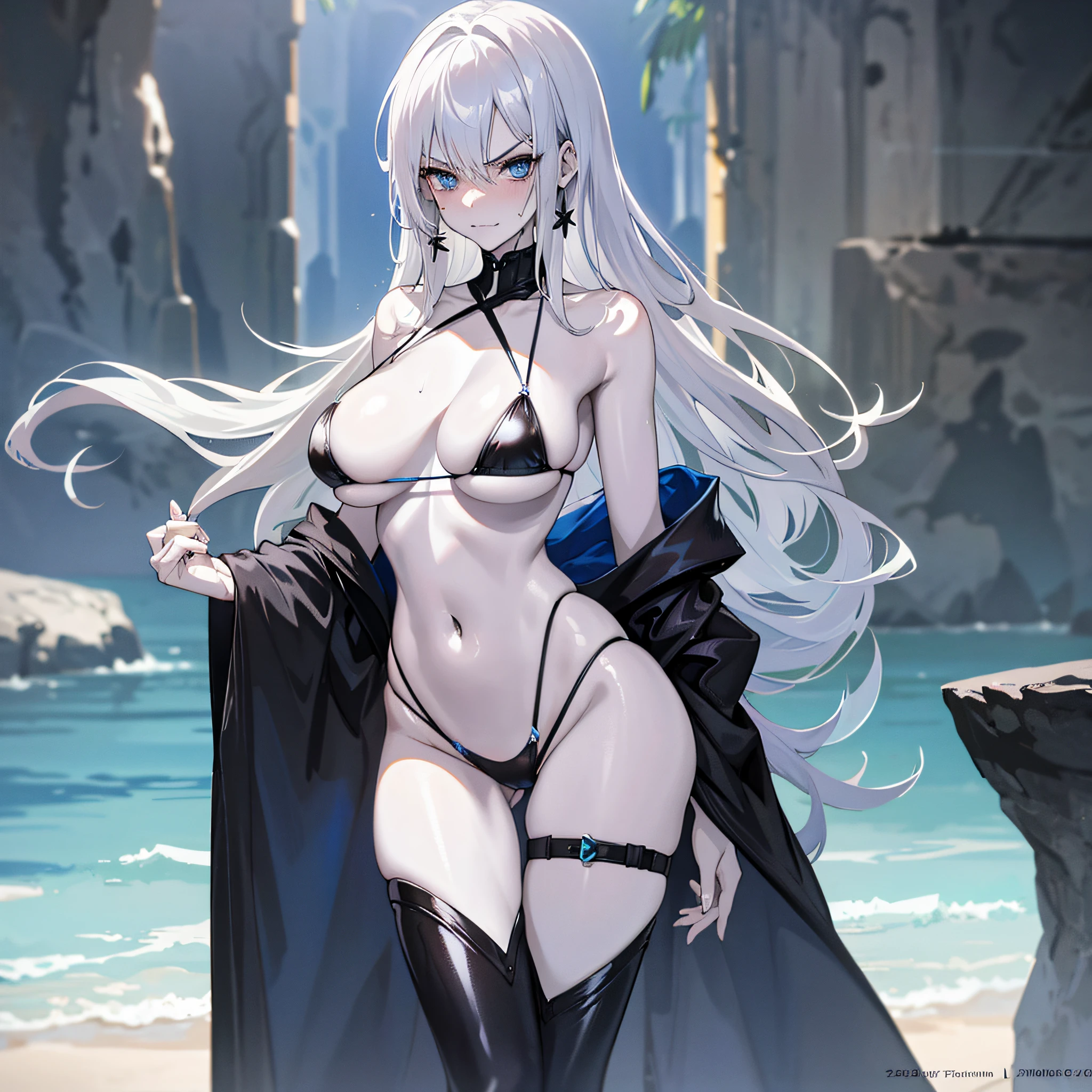 Limbs, silver hair woman, 25 years old, tall, model, blue eyes, navel, black bikini, micro bikini thong, huge boobs: 3.0, blushing, angry, erect areola, (pale skin: 1.1), slim, wet body Shiny