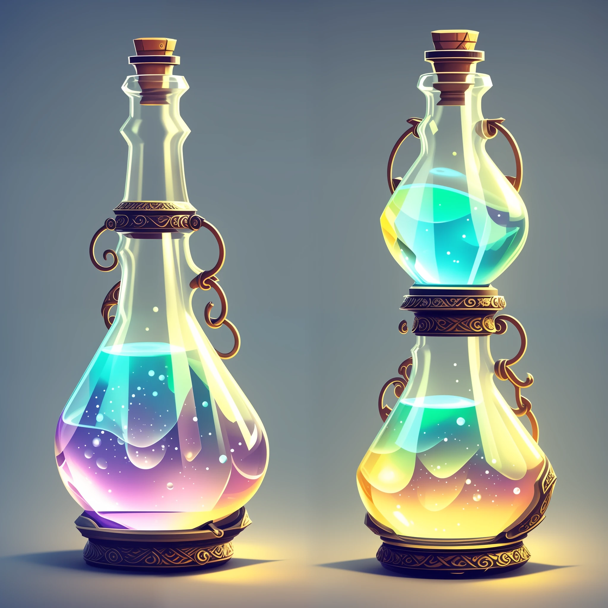 Close-up of a bunch of different items on a pure white background, Kanbun Master's concept art, polycount, process art, alchemist bottle, potion, magic potion, magic potion, item art, magic item, mysterious color, potion belt, game icon asset, glowing potion, different art styles, super details of each object, [fragments, set of magic potions, a total of 7 bottles, arranged in order of quality, distinguished by color, different colors, The bottle cap style varies, the color is layered, the inside of the bottle is a mysterious magic liquid, there are no foreign objects in the liquid, the liquid content in the bottle is about the same, the shape of the bottle is about the same, virtual style, not real