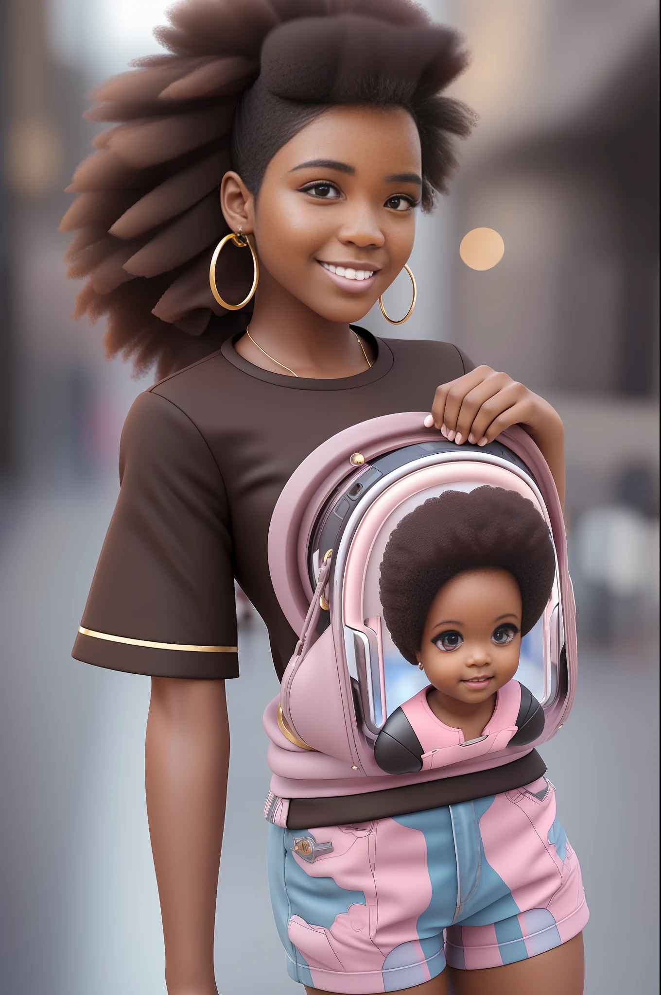 3D rendering of a 1 year old girl, (dark brown skin color) cute, afro-futuristic, cute smile, ((walking with her father and mother)), ((chibi)), (((Father))) , and (((mother))), wearing T-shirt and jeans, current fashion, long hair with princess accessories , ((accessories, earrings)), street background, rainy day, close-up, product view, facial detail detailed, perfect face, trend art, sharp facial details, cgsociety, ultra high quality digital art, hyperexquisite details, 4k , 8k soft lighting, dreamy, fashion, (((3D))) --auto --s2