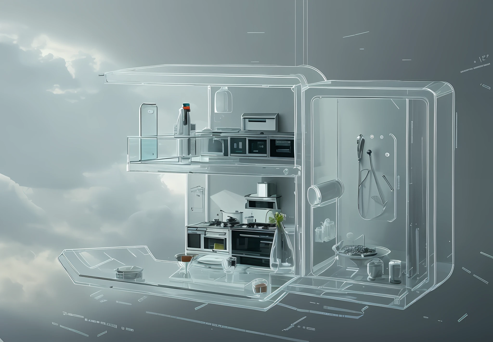 The number 30 made of glass has a sense of space, there are people, there are two kitchens, household appliances in the kitchen, water heater in the bathroom, perspective rendering, bright, realistic, high details, high quality, super detail, ccurate, UHD