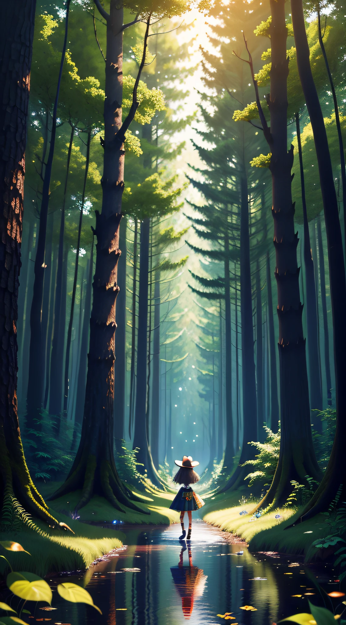 There are many butterflies flying around a small lantern in the woods, magical forest back wheel, magical forest with fireflies, glowing butterflies, there is a little girl walking on the water, little girl in the middle of the picture, anime lush John 8K forest, magical fantasy forest, magic fairy forest, beautiful art UHD 4 K, charming magic fantasy forest, magical forest background, magical forest, 4K highly detailed digital art, magical environment, background artwork
