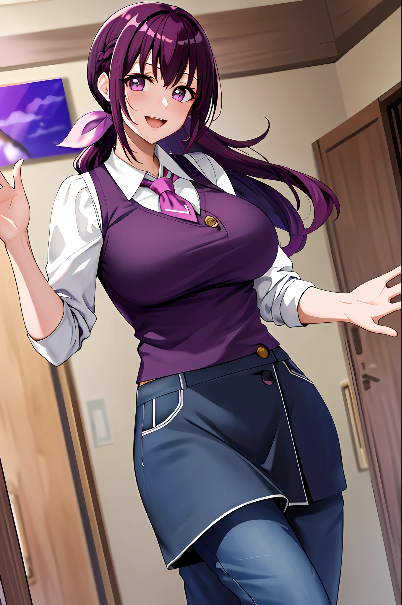 masterpiece, best quality, highres, hi1, purple hair, purple eyes, large breasts, hair bow, skirt, pants, white shirt, cowboy shot, smile, waving, open mouth, very pretty