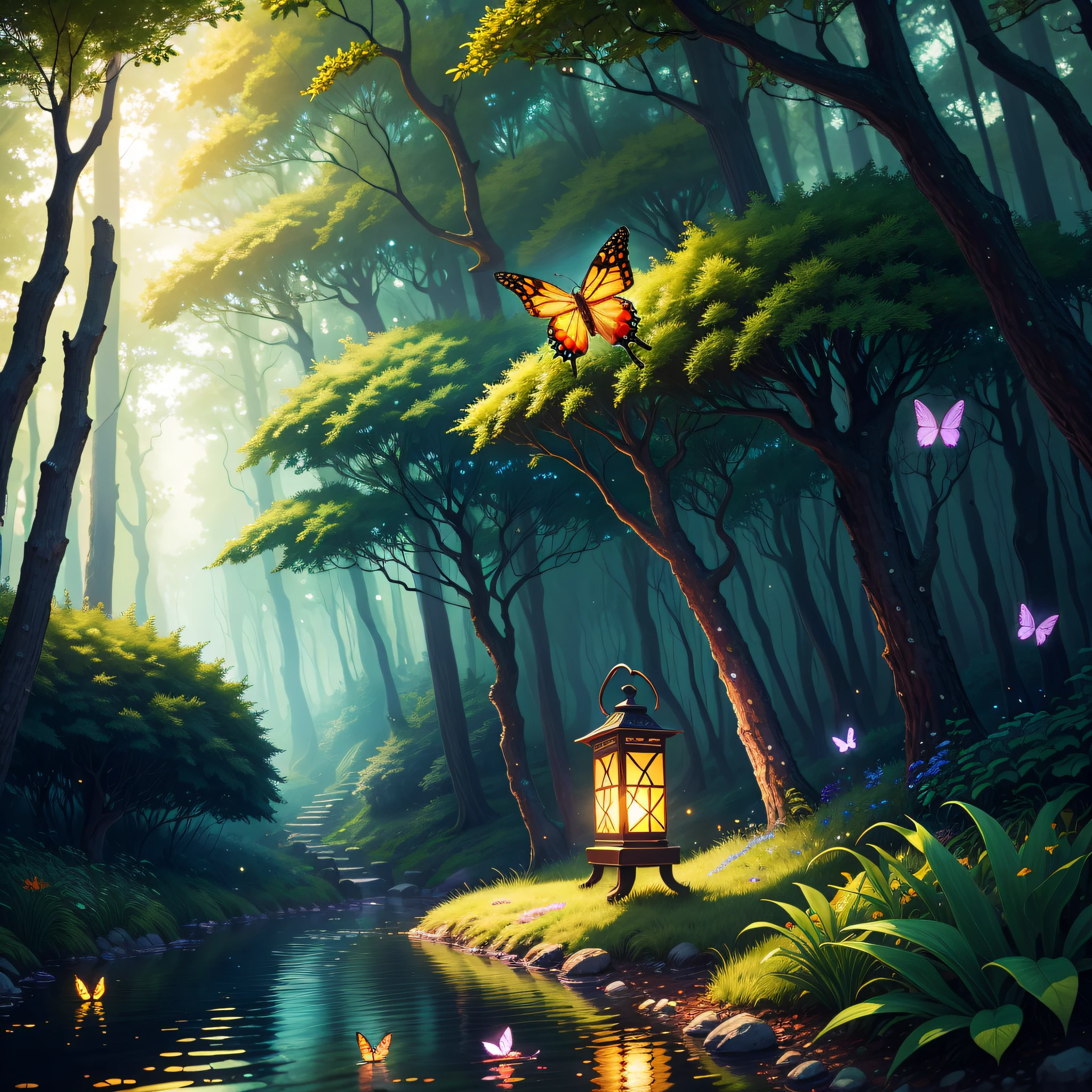 There are many butterflies flying around a small lantern in the woods, magical forest back wheel, magical forest with fireflies, glowing butterfly, there is a girl walking on the water, anime lush john 8K forest, magical fantasy forest, magic fairy forest, beautiful art UHD 4 K, charming magic fantasy forest, magical forest background, magical forest, 4K highly detailed digital art, magical environment, background artwork