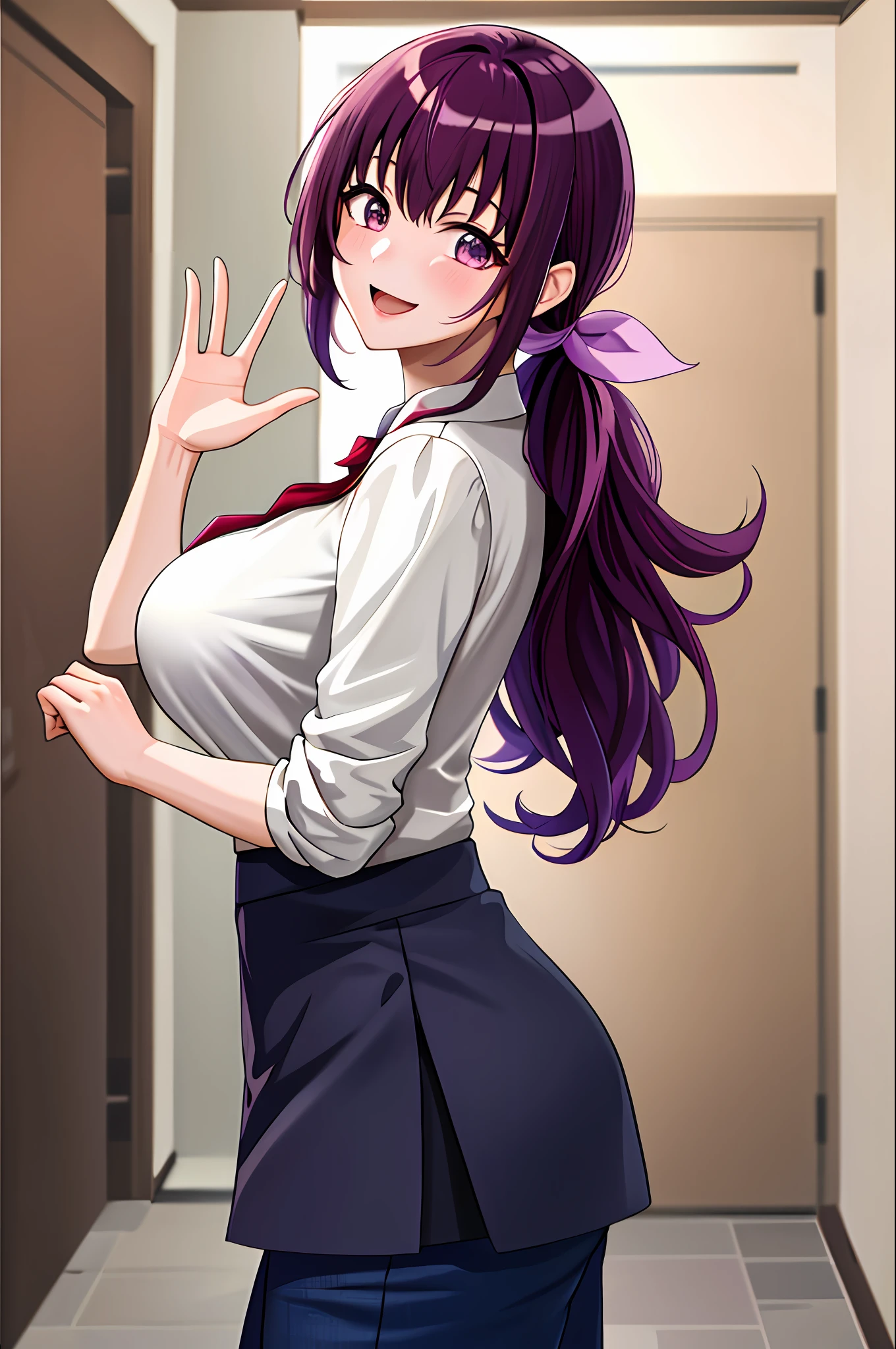 masterpiece, best quality, highres, hi1, purple hair, purple eyes, large breasts, hair bow, skirt, pants, white shirt, cowboy shot, smile, waving, open mouth, very pretty