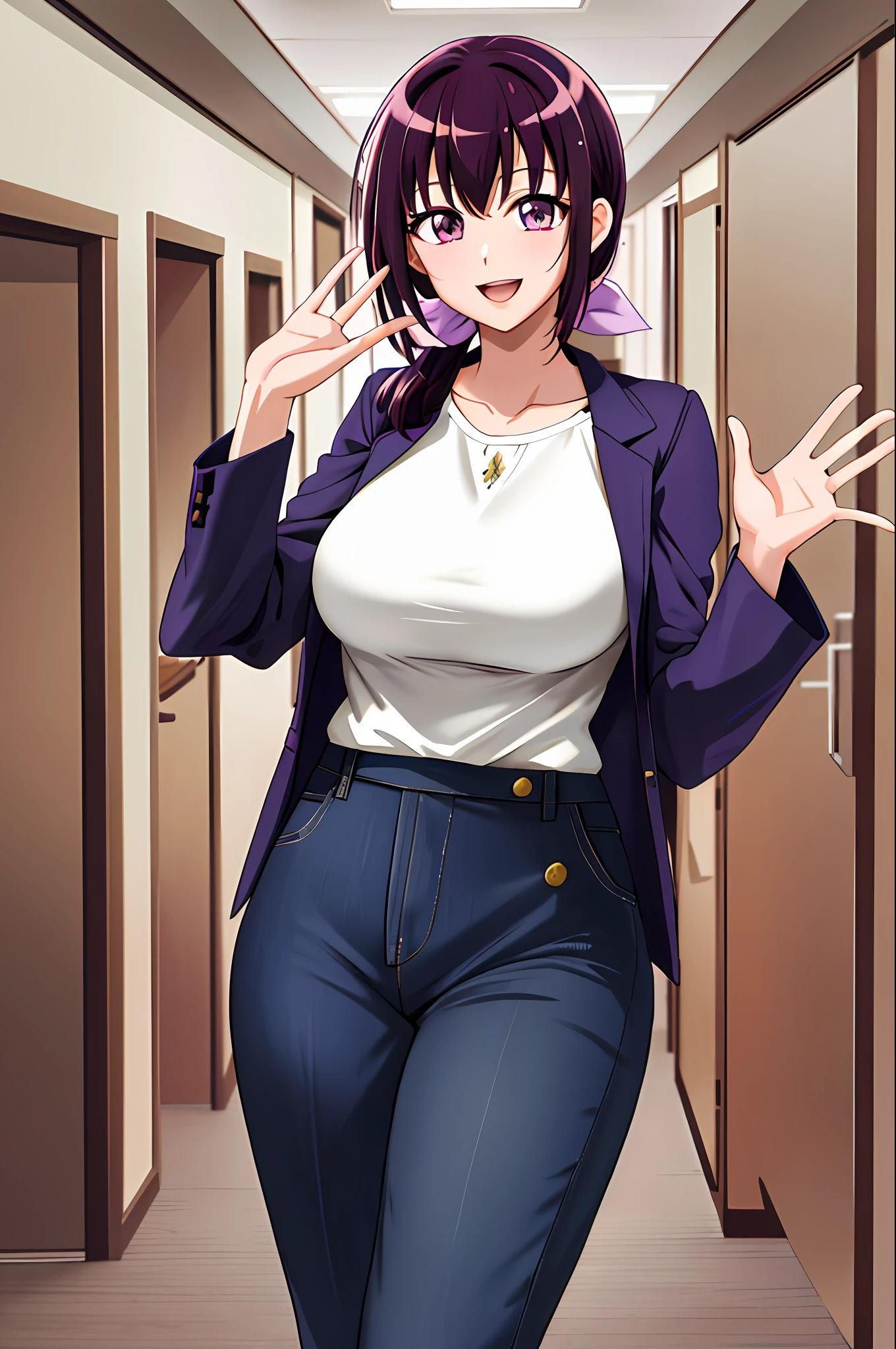 masterpiece, best quality, highres, hi1, purple hair, purple eyes, large breasts, hair bow, skirt, pants, white shirt, cowboy shot, smile, waving, open mouth, very pretty
