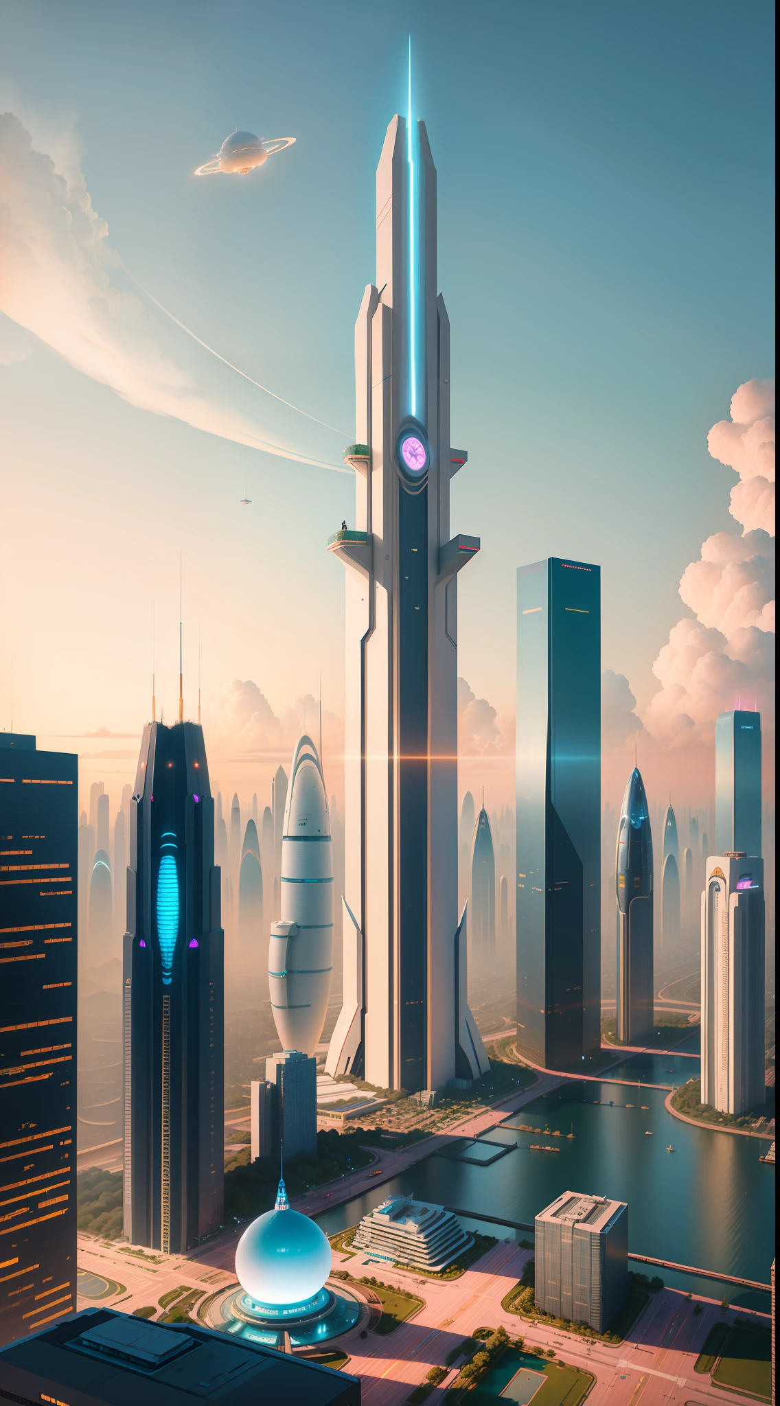 City skyline view with lake and park, illustration by Cha Shibiao, shutterstock, Art Nouveau, Shenzhen, Shenzhen, Shenzhen. Guangjian, the ultra-wide view of the urban landscape, the sci-fi buildings that break through the imagination, all buildings have a sense of technology and are full of technology. A sci-fi blockbuster with a sense of sight. There are flying saucers and spaceships looming in the sky. Architecture combined with lighting. Neon building. Beautiful city of the future, beautiful cityscape, tech city background, Hou porcelain, with a city in the background. Inspired by Makoto Shinkai's popular concept art and masterpieces on pixiv, vision (wide angle lens), super high resolution (fidelity: 1.4), super high quality, extremely detailed CG Unity 8k wallpapers, aesthetics, award winning photography, real High Detail, Detail Enhancement, Blur Removal, Intricacy, Traveling Art. Visually stunning. Beautiful future city, beautiful city, dream land of Chinese people, pexels, blue hour photography, Chinese dreamland, spectacular clouds, fantasy clouds.
