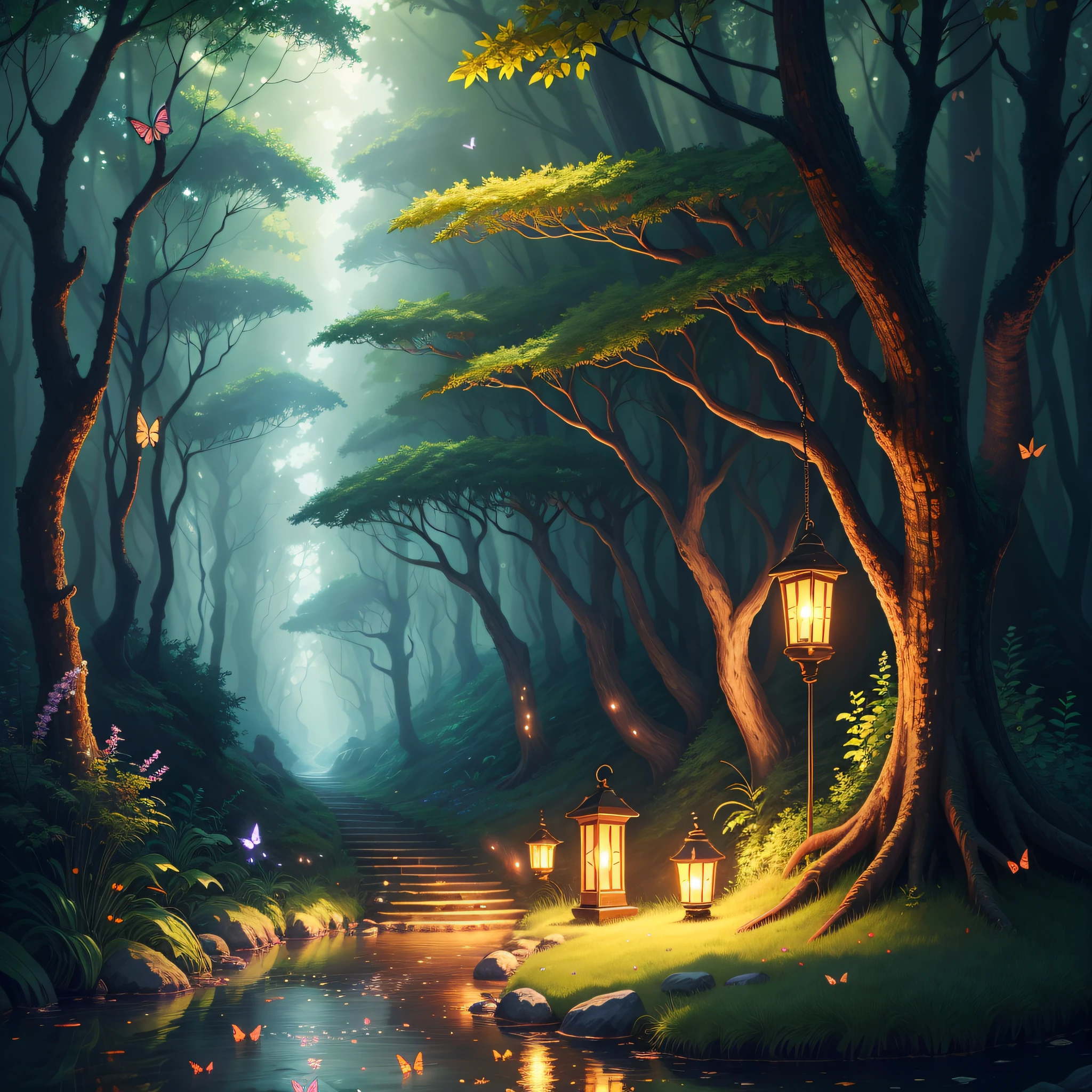 There are many butterflies flying around a small lantern in the woods, magical forest back wheel, magical forest with fireflies, glowing butterfly, there is a girl walking on the water, anime lush john 8K forest, magical fantasy forest, magic fairy forest, beautiful art UHD 4 K, charming magic fantasy forest, magical forest background, magical forest, 4K highly detailed digital art, magical environment, background artwork