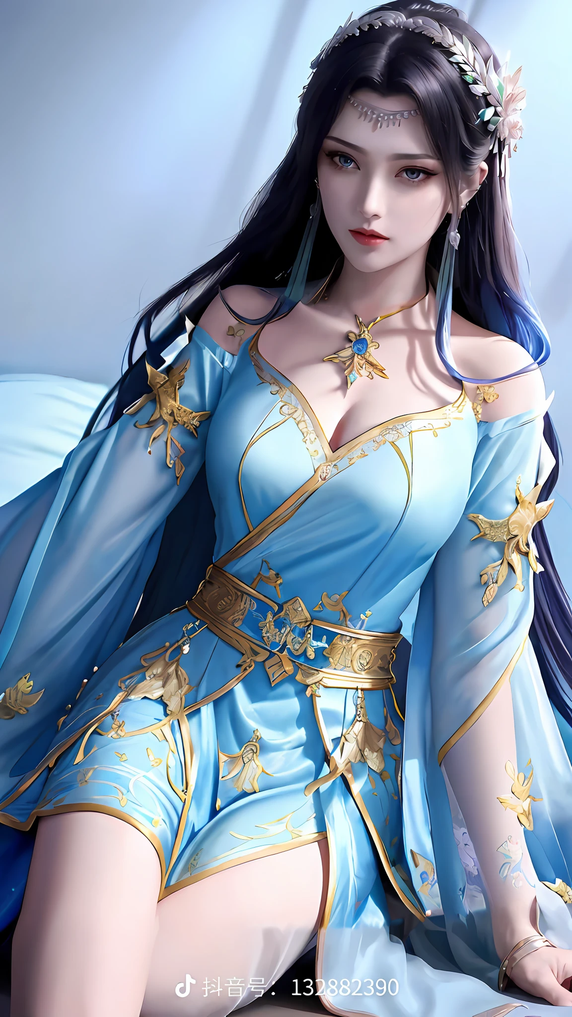 a close up of a woman in a blue dress sitting on a bed, a detailed painting by Yang J, trending on cg society, fantasy art, ((a beautiful fantasy empress)), beautiful and elegant elf queen, a beautiful fantasy empress, beautiful elf with ornate robes, 8k high quality detailed art, fantasy outfit, fantasy art style, beautiful character painting