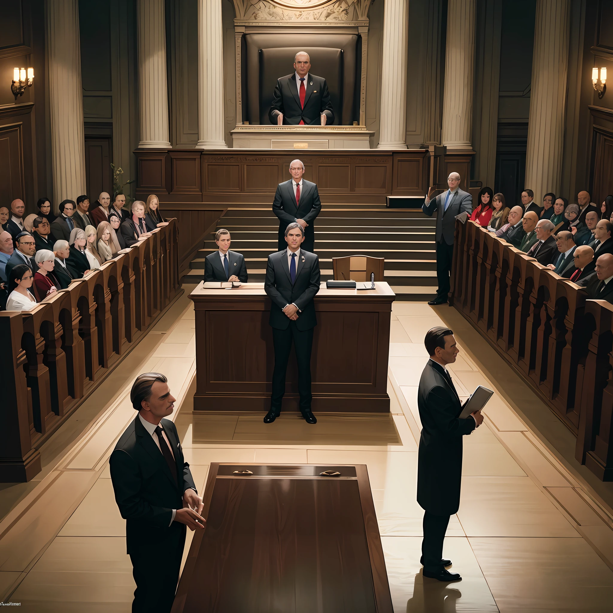 An incredibly detailed and realistic scene from a dramatic and historic trial taking place in the Supreme Court. In the center of the stage, former President Bolsonaro stands before the judges of the court, with a tense expression and focused on his face. Around him, the crowd of reporters, lawyers, protesters and onlookers, all with varying expressions of anticipation and concern. The scene is illuminated by a bright spotlight, creating a dramatic contrast between the central figure and the dark, hazy background. The entire space is meticulously detailed and rendered in high resolution so as to create a sense of total immersion in the courtroom environment.