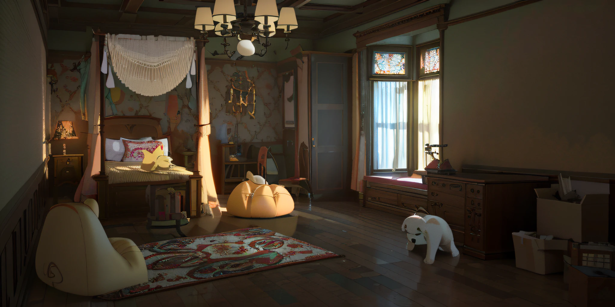 there is a room with a bed, a chair, a lamp and a dog, bedroom in studio ghibli, global illumination. vfx, pixar renderman render, 3 d stylize scene, global illumination lighting, rendered in renderman, scene render, global illumination!! intricate, rendered in arnold, beautiful render of a fairytale, rendered in maya and houdini