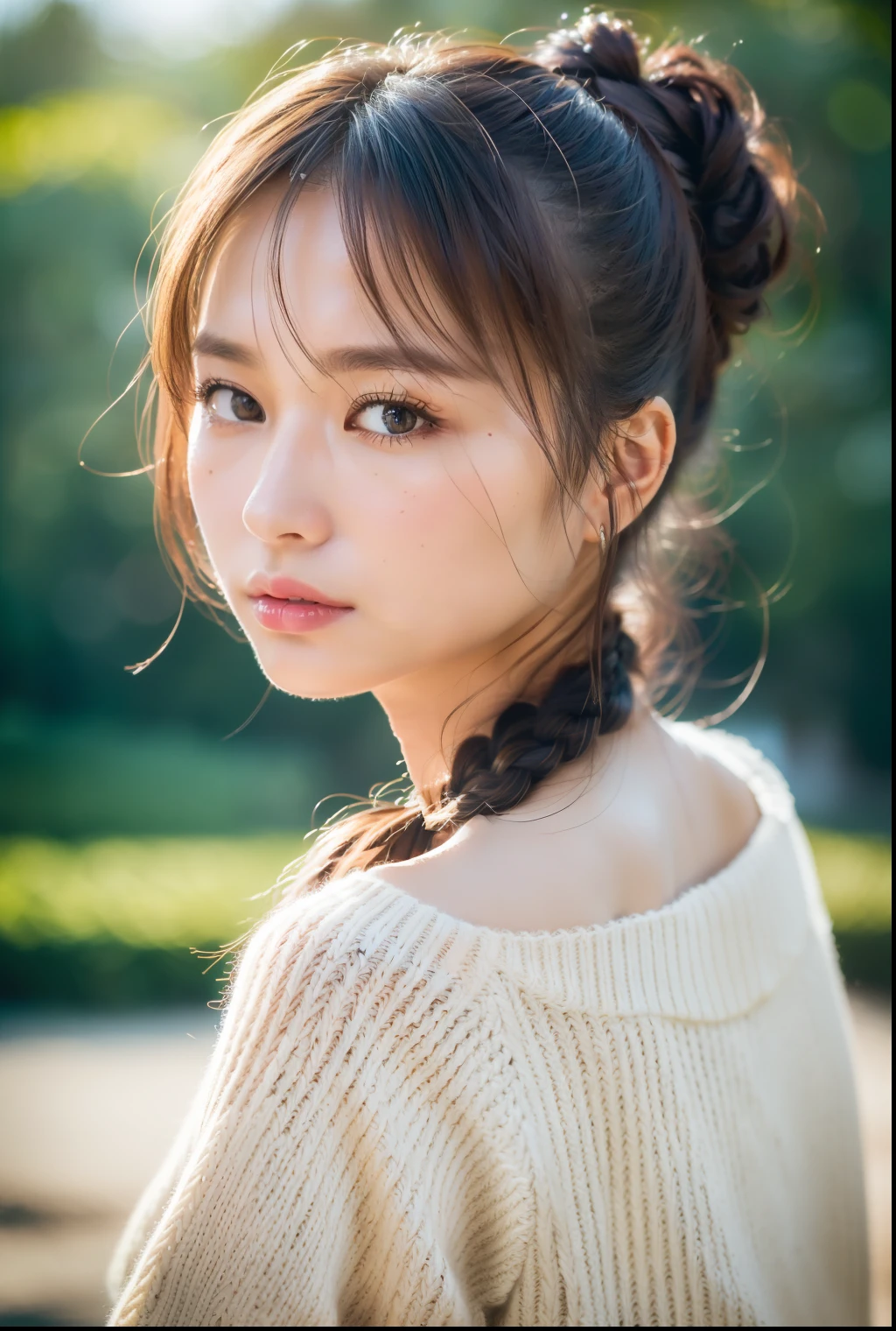 ((Best Quality, 8k, Sharp Focus, 35mm Lens, Masterpiece: 1.2, Natural Light, Ultimate Girl, Highly Detailed Facial Textures)), (Shoulder Knit Sweater), (Hot Pants), (Park: 1.2 )), highly detailed facial textures, ultra-detailed skin, lonely looking, long hair tied up, scrunchie, looking at camera, from side
