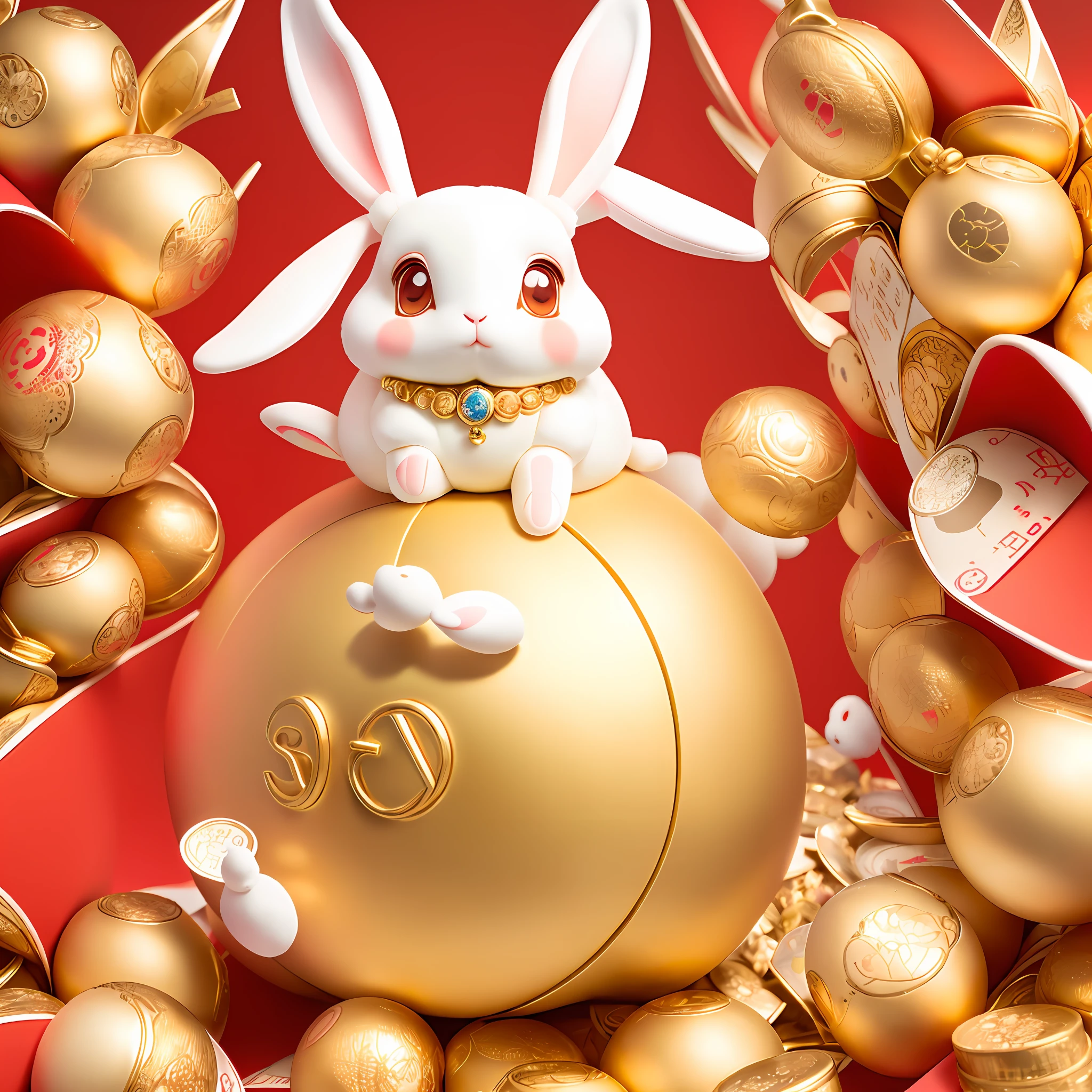 A very cute lop-eared rabbit, rabbit, ears pulled down, round, round face, big eyes, standing in the pile of treasures, surrounded by jewelry, money, red envelopes, and five koi next to it