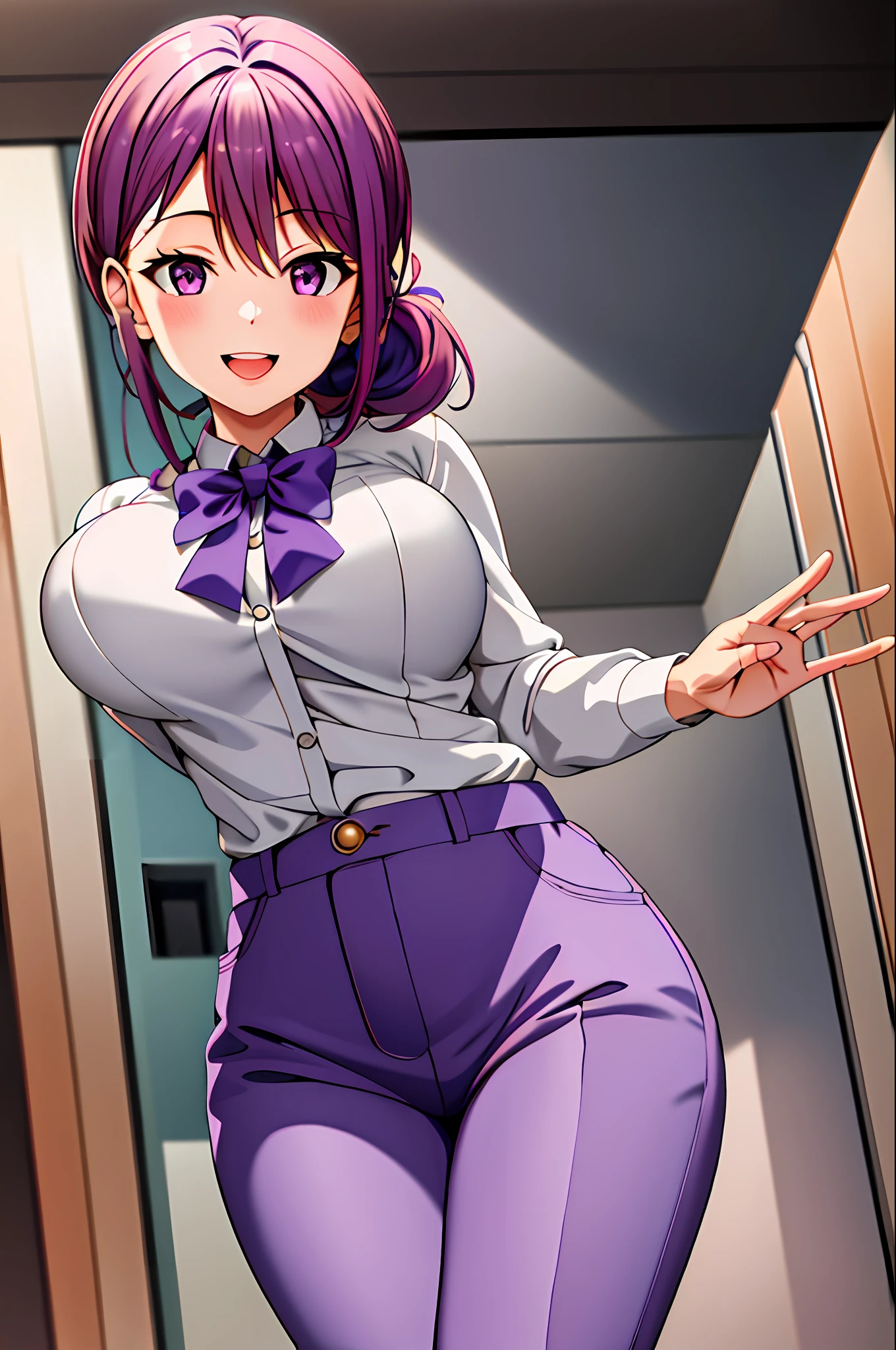 masterpiece, best quality, highres, hi1, purple hair,  purple eyes, large breasts, hair bow, skirt, pants, white shirt, cowboy shot, smile, waving, open mouth,moe, milf
