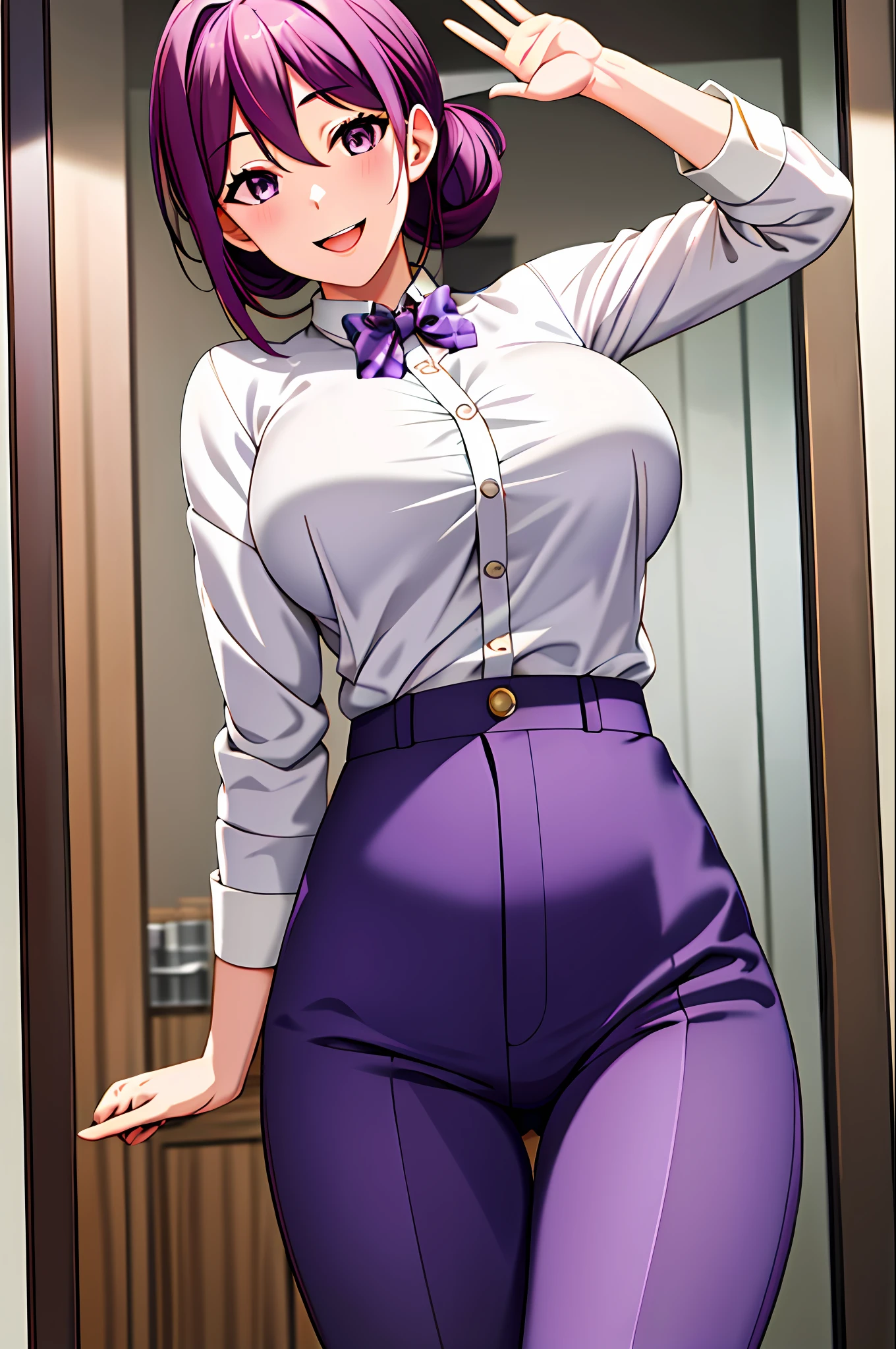 masterpiece, best quality, highres, hi1, purple hair,  purple eyes, large breasts, hair bow, skirt, pants, white shirt, cowboy shot, smile, waving, open mouth,moe, milf