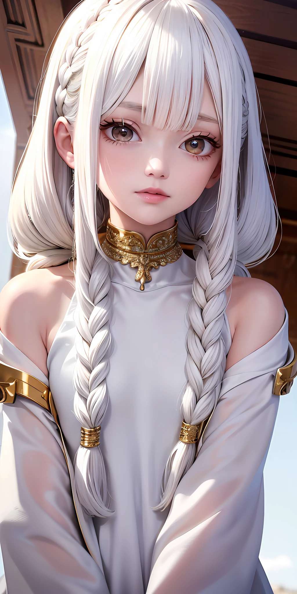 best quality, masterpiece,white hair, gold eyes,white clothes, looking up, upper body,hair strand,Fair skin,side braids