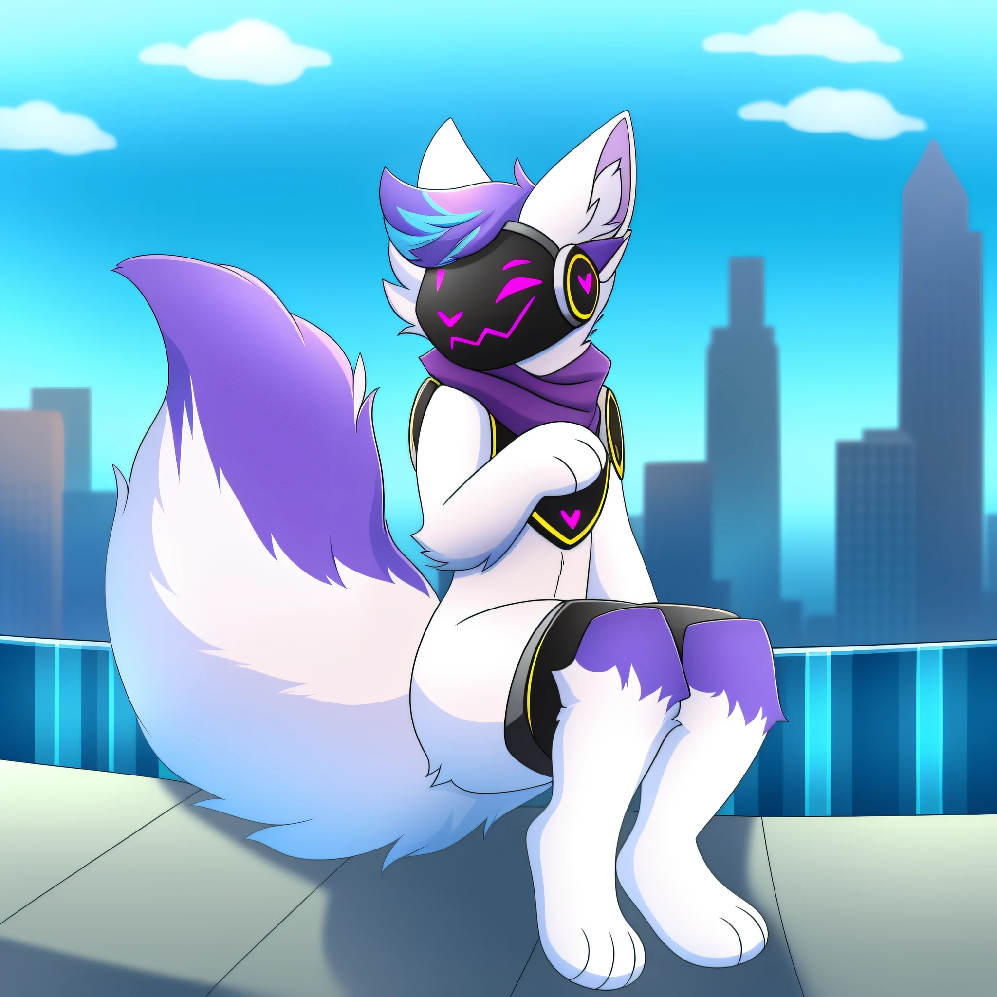 masterpiece, male, solo, (protogen: 2.0), happy, fluffy, blue lights, (chest fluff: 2.0), cartoon, city skyline in background, water feature, striped thighhighs, striped armwarmers, blushing, striped arm warmers, white scarf, paws instead of hands and feet, paws visible, four fingers, (white body: 1.2), (blue fur highlights: 0.8) (purple and blue highlights: 0.8), (big tail: 1.5), (purple and blue spots on fur: 1.05), fruity, no chestplate
