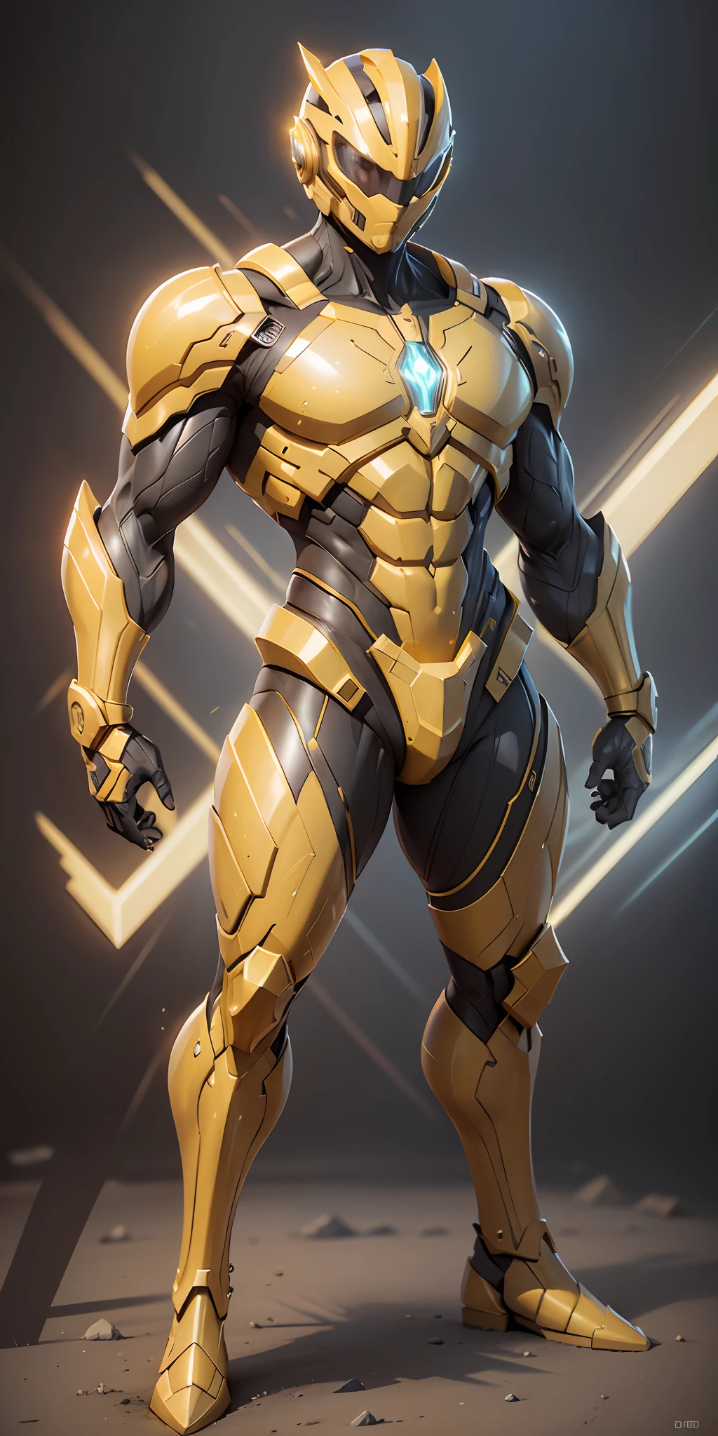 Yellow Ranger from Power Rangers, frontal, full-length, looking at the camera, facing the audience, standing pose, simple background, volumetric light, detailed full-body concept, sleek digital concept art, beautiful full-body concept art, art trend, CGsociety full-length,