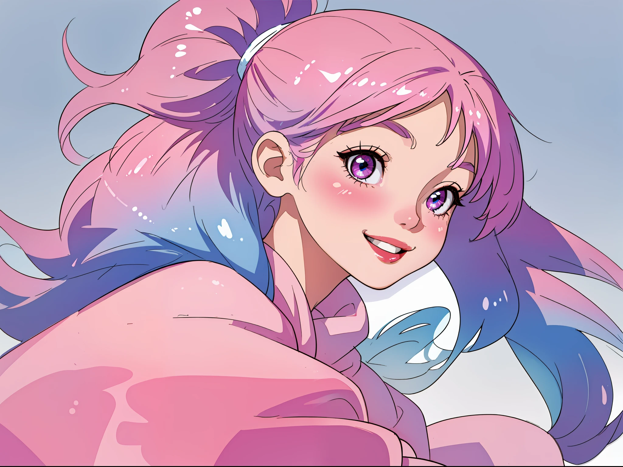 Masterpiece, Best Quality, Simple Background, (Solid gradient background: 0.8), Ultra detailed, Ridiculous, Colorful, 1 girl, Solo, (Pink eyes:1.0), (Blue hair, Gradient hair, Blunt bangs, Double tails:1.0), Fine eyes, Big eyes, Eyelashes, Headband, (Smile: 0.8), Medium breasts, (Side view: 0.5), Upper body, Horizon, Pink theme, blue hoodie, Short skirt, Rainbow, Long sleeves, Pastel, kawaii, sun, blush sticker, Head tilt