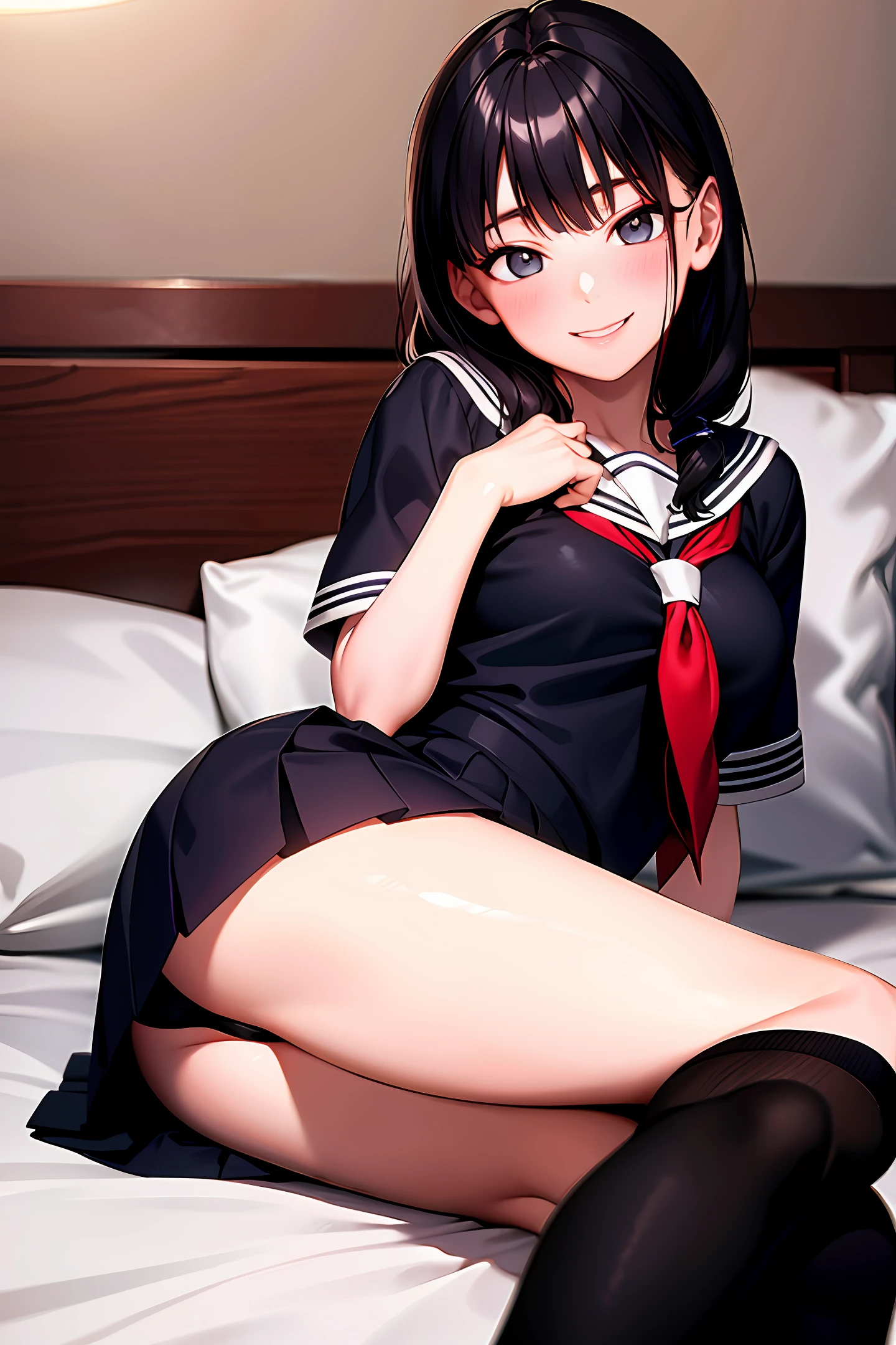 Realistic girl photo, smile, hair color is black, white sailor suit, black knee high socks, on bed, hotel room with night view, detailed eyes, 17 yea