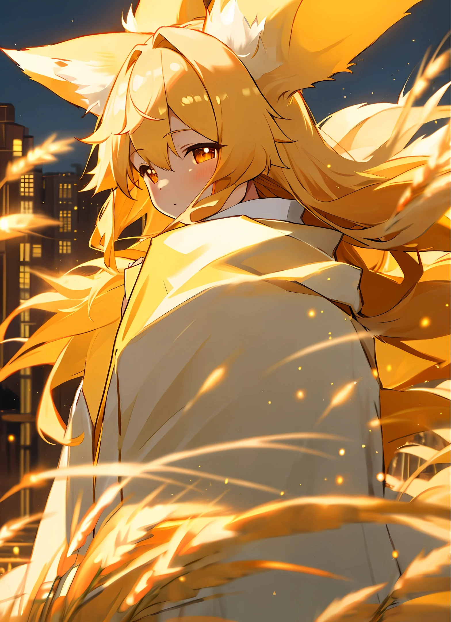 Masterpiece, best quality closeup, golden fox ears with white fluff inside, , long golden hair, yellow and white traditional kimono, brown pupils, ears of wheat on head, night in the city.