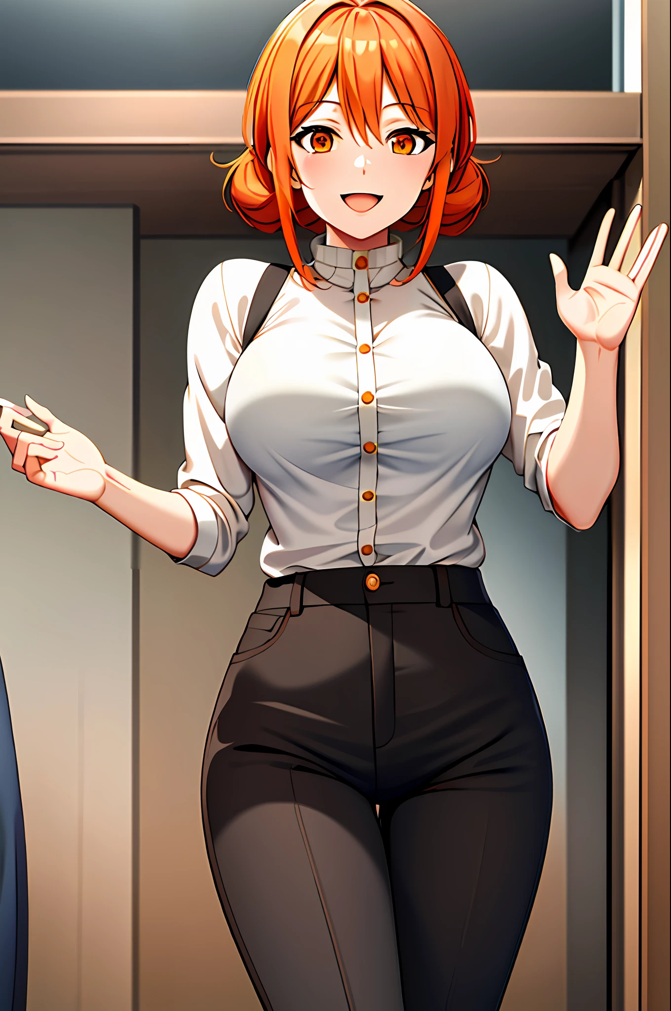 masterpiece, best quality, highres, hi1, orange hair,  Orange eyes, large breasts, hair bow, skirt, pants, white shirt, cowboy shot, smile, waving, open mouth,moe, milf