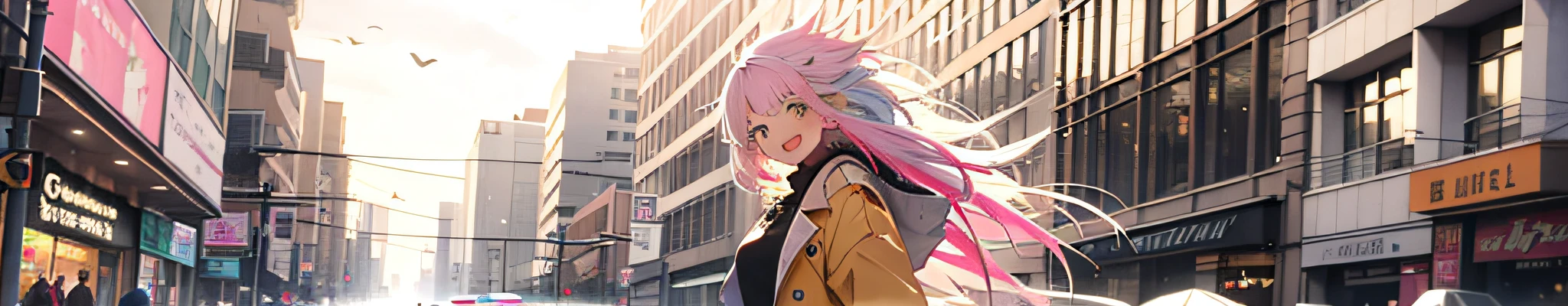 (best quality),(1girl), Daytime, after the rain, hair blowing in the wind, streets, yellow rain coat, best quality, happy, smile, ((multicolored, white hair, pink hair, long hair)), city, cowboy shot