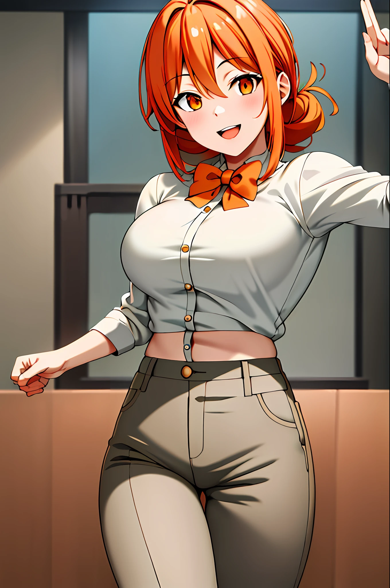 masterpiece, best quality, highres, hi1, orange hair, Orange eyes, large breasts, hair bow, skirt, pants, white shirt, cowboy shot, smile, waving, open mouth,moe, milf