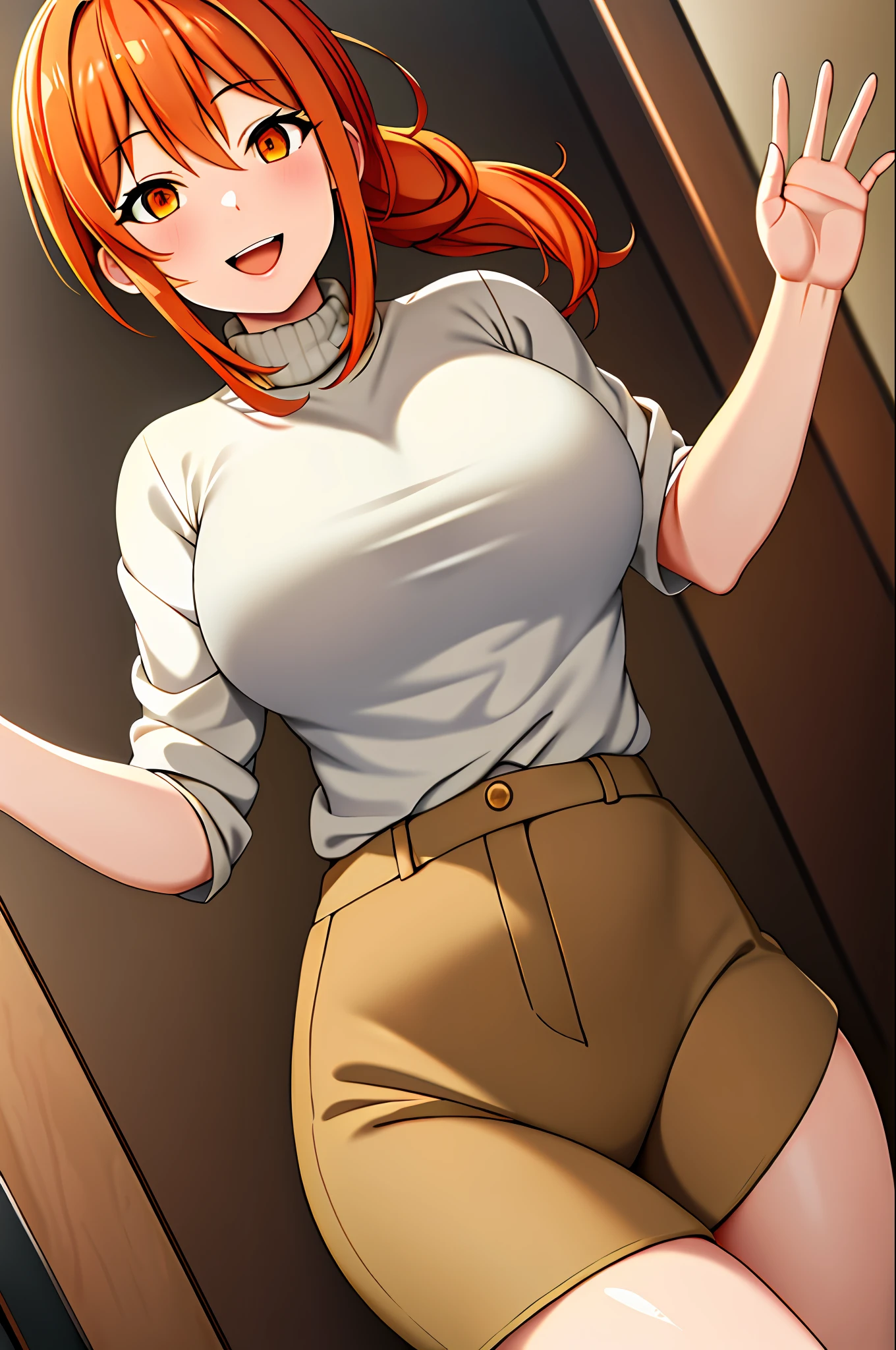 masterpiece, best quality, highres, hi1, orange hair, Orange eyes, large breasts, hair bow, skirt, pants, white shirt, cowboy shot, smile, waving, open mouth,moe, milf